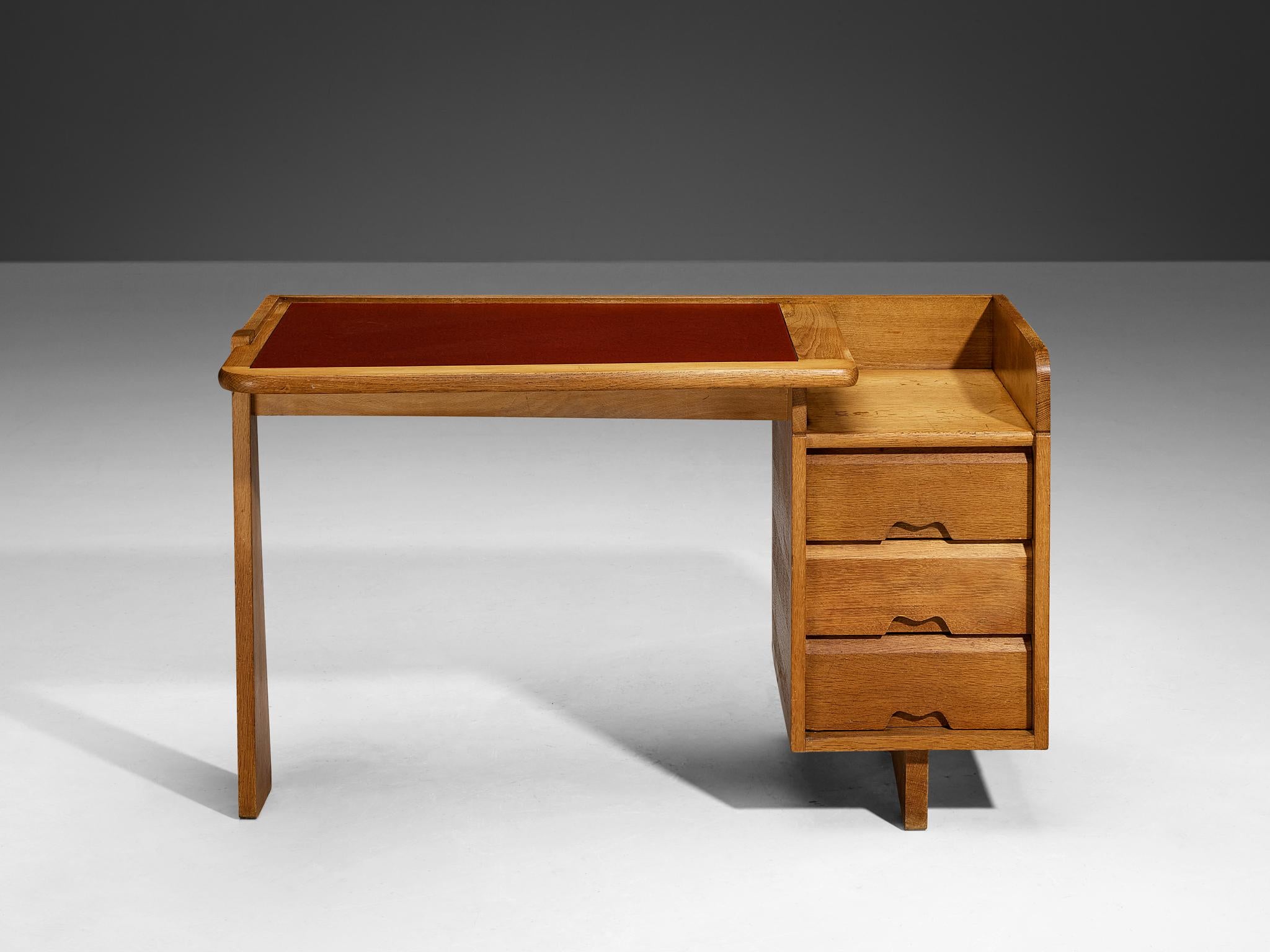 Mid-Century Modern Guillerme & Chambron Writing Desk in Oak and Leather 