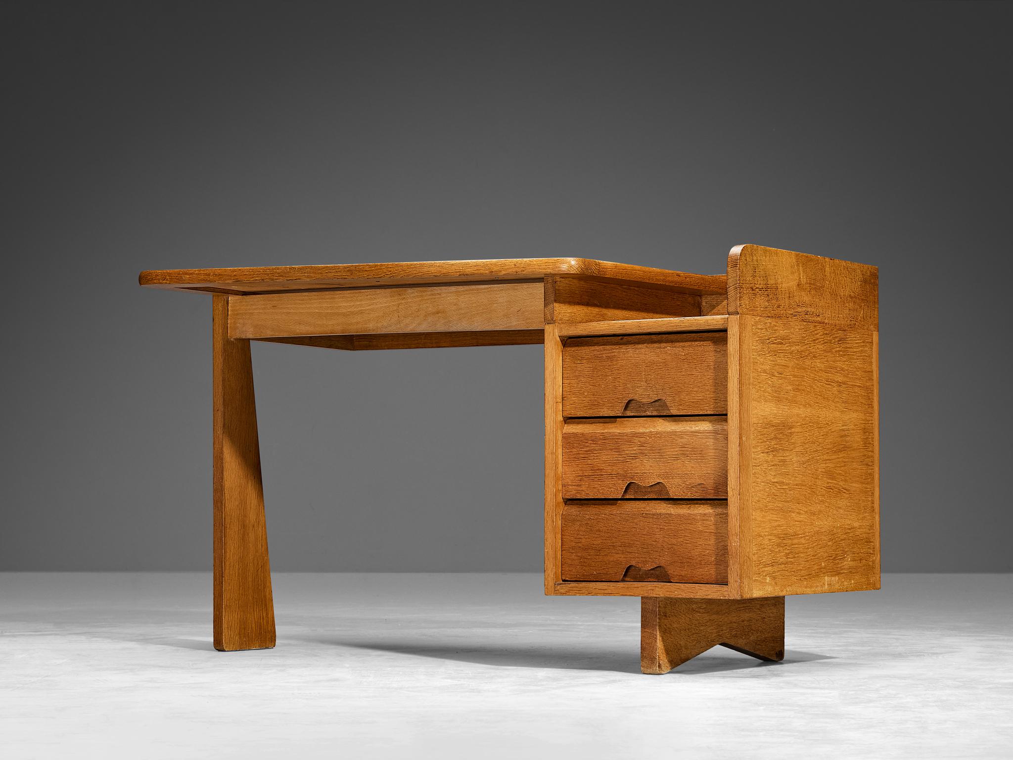 French Guillerme & Chambron Writing Desk in Oak and Leather 