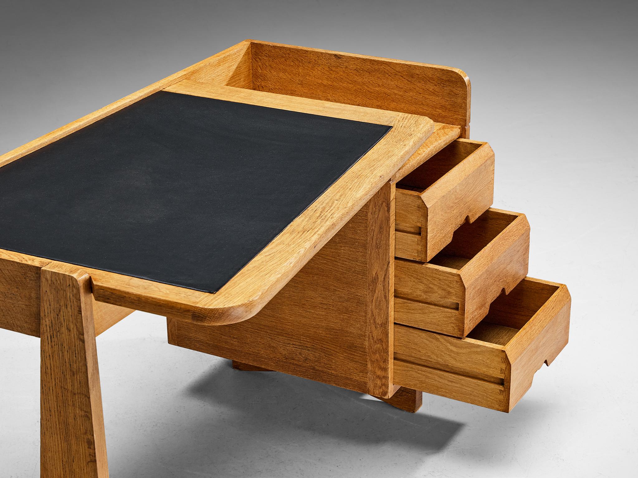 Mid-20th Century Guillerme & Chambron Writing Desk in Oak and Leather  For Sale