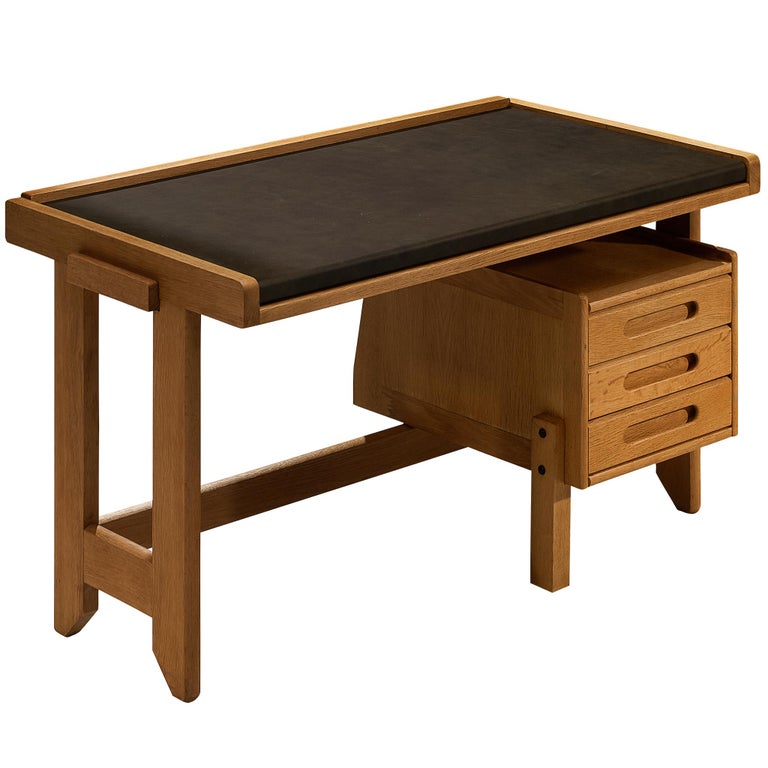 Guillerme & Chambron Writing Desk in Solid Oak and Black Leather