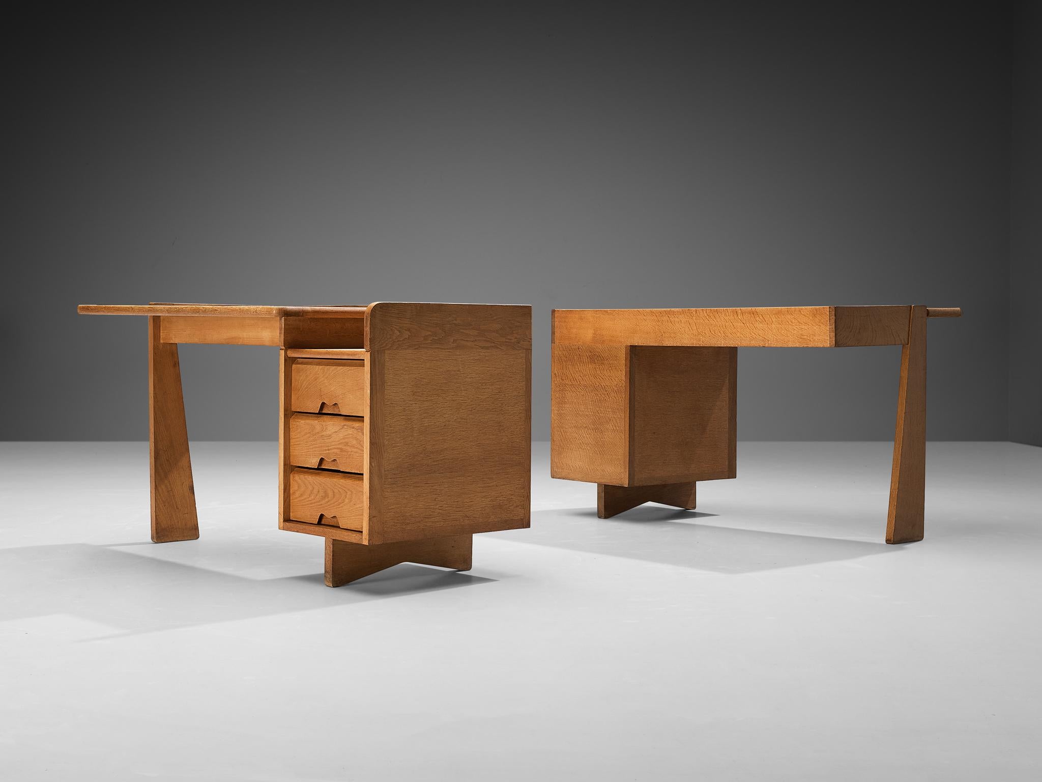 Mid-Century Modern Guillerme & Chambron Writing Desks in Oak and Leather For Sale
