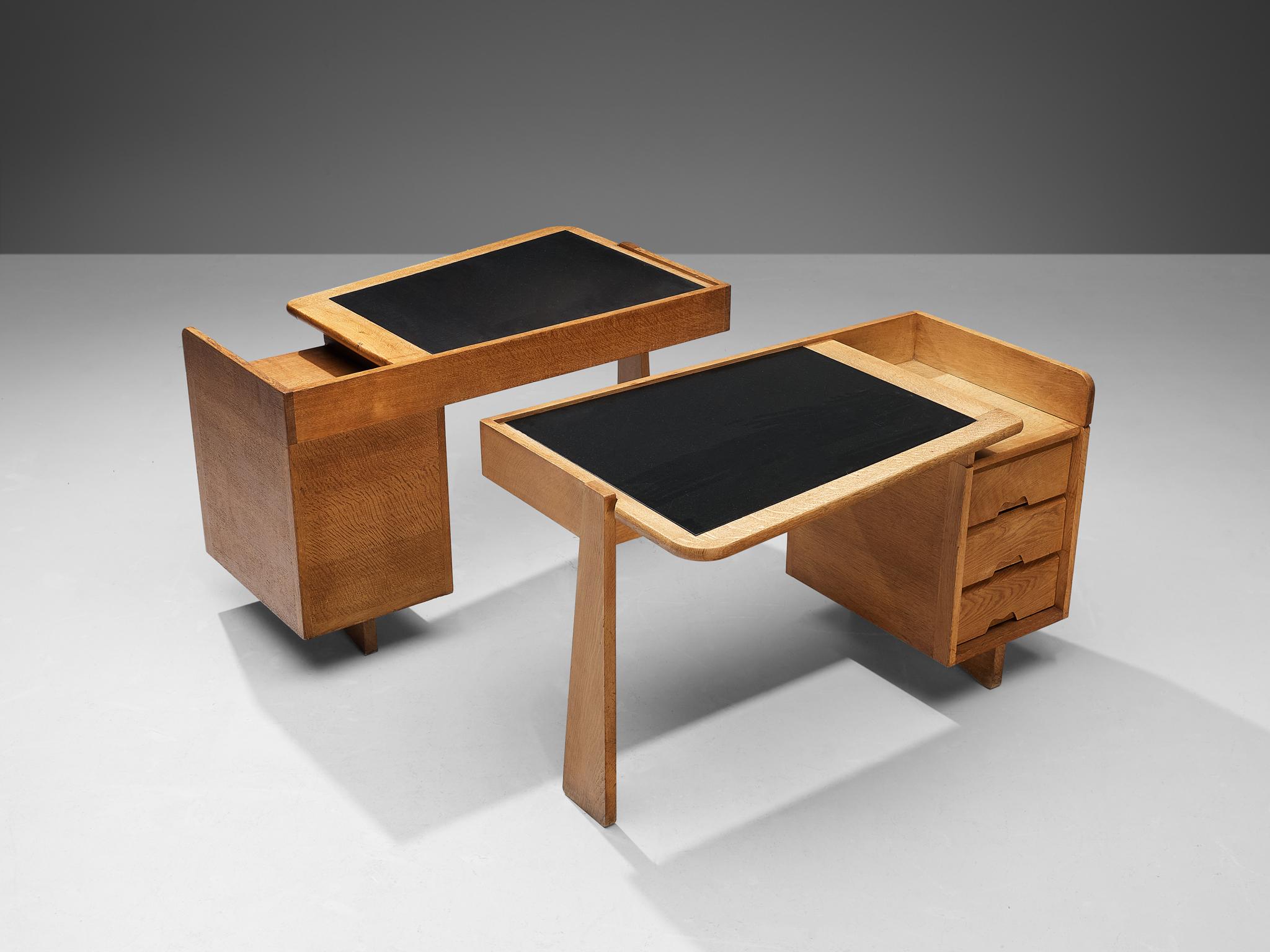Guillerme & Chambron Writing Desks in Oak and Leather In Good Condition For Sale In Waalwijk, NL