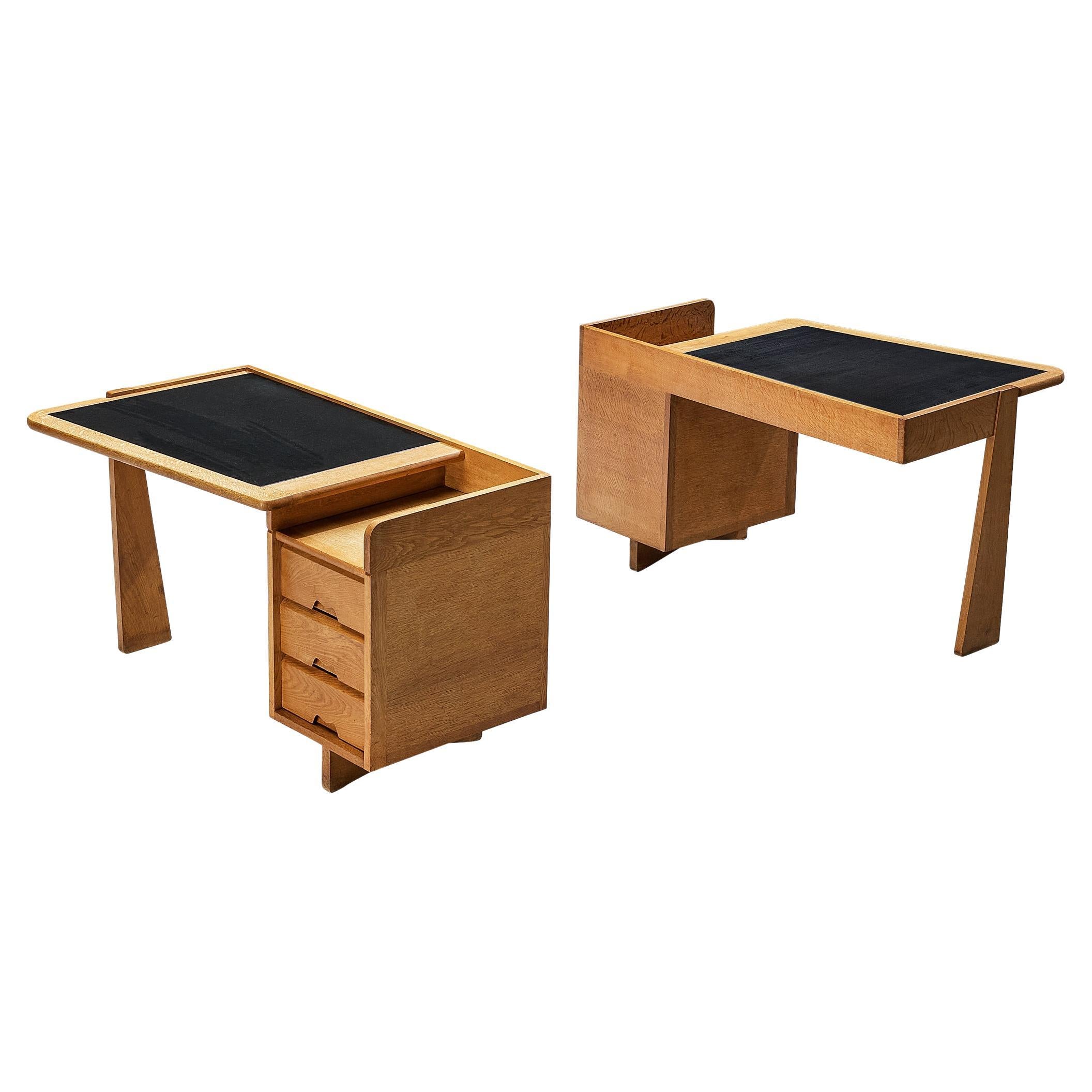 Guillerme & Chambron Writing Desks in Oak and Leather For Sale