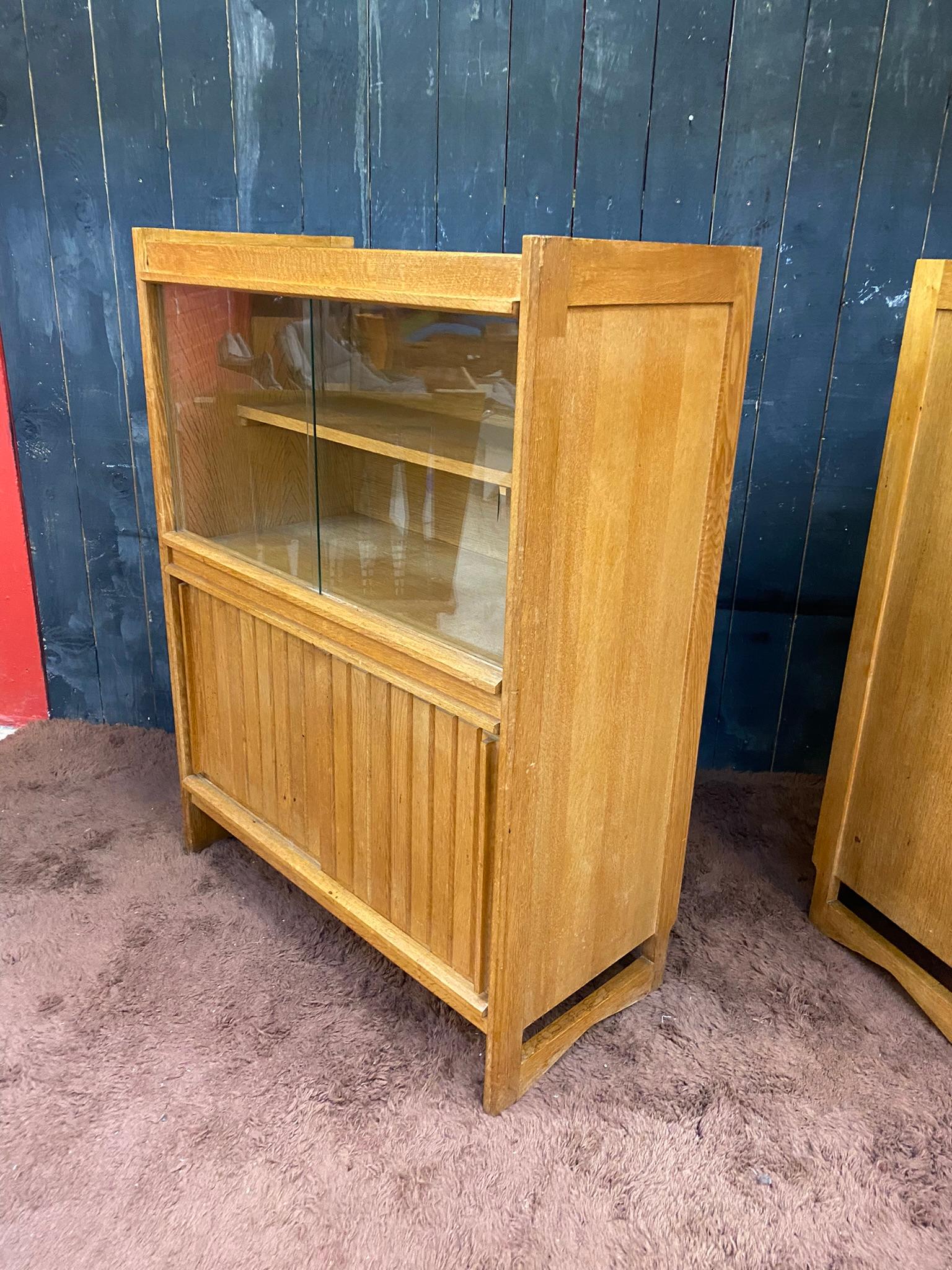 Late 20th Century Guillerme et Chambron, 2 Cabinets, in Oak and Glass, Edition Votre Maison For Sale