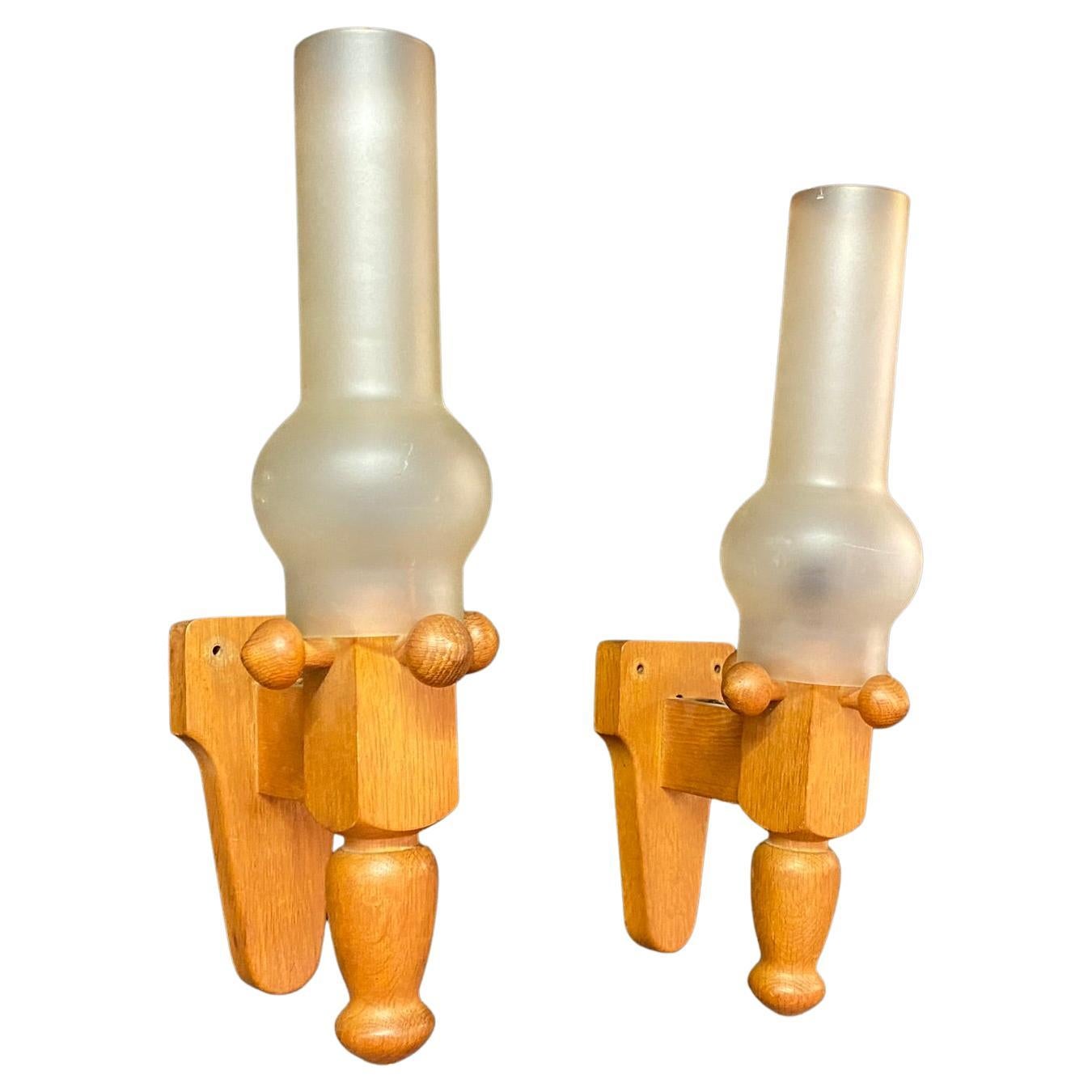 Guillerme et Chambron 2 Wall Sconces En Chene, Edition Votre Maison, circa 1970 For Sale