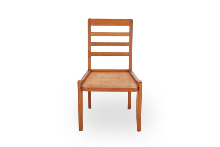 French Guillerme et Chambron, 6 Polished Oak Dining Chairs, France, Mid-20th Century For Sale