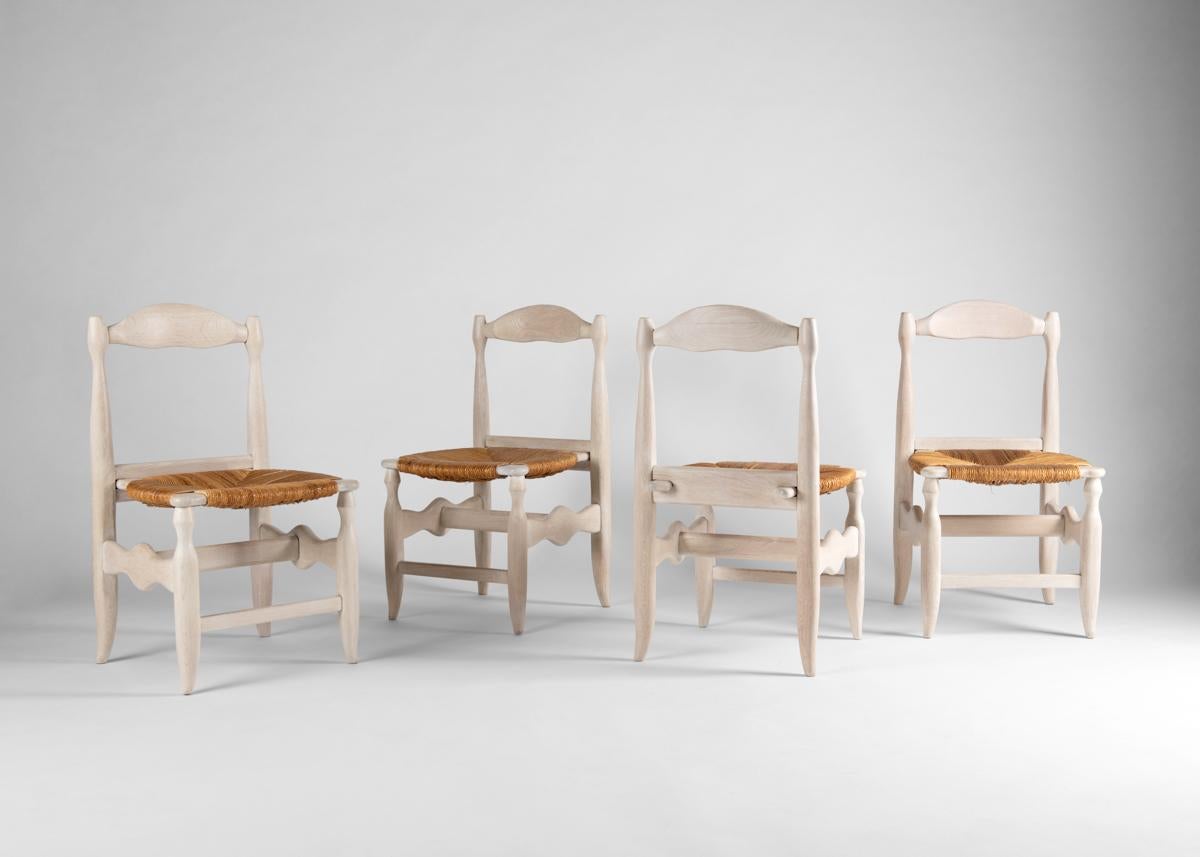 Limed Guillerme et Chambron, 6 Polished Oak Dining Chairs, France, Mid-20th Century For Sale