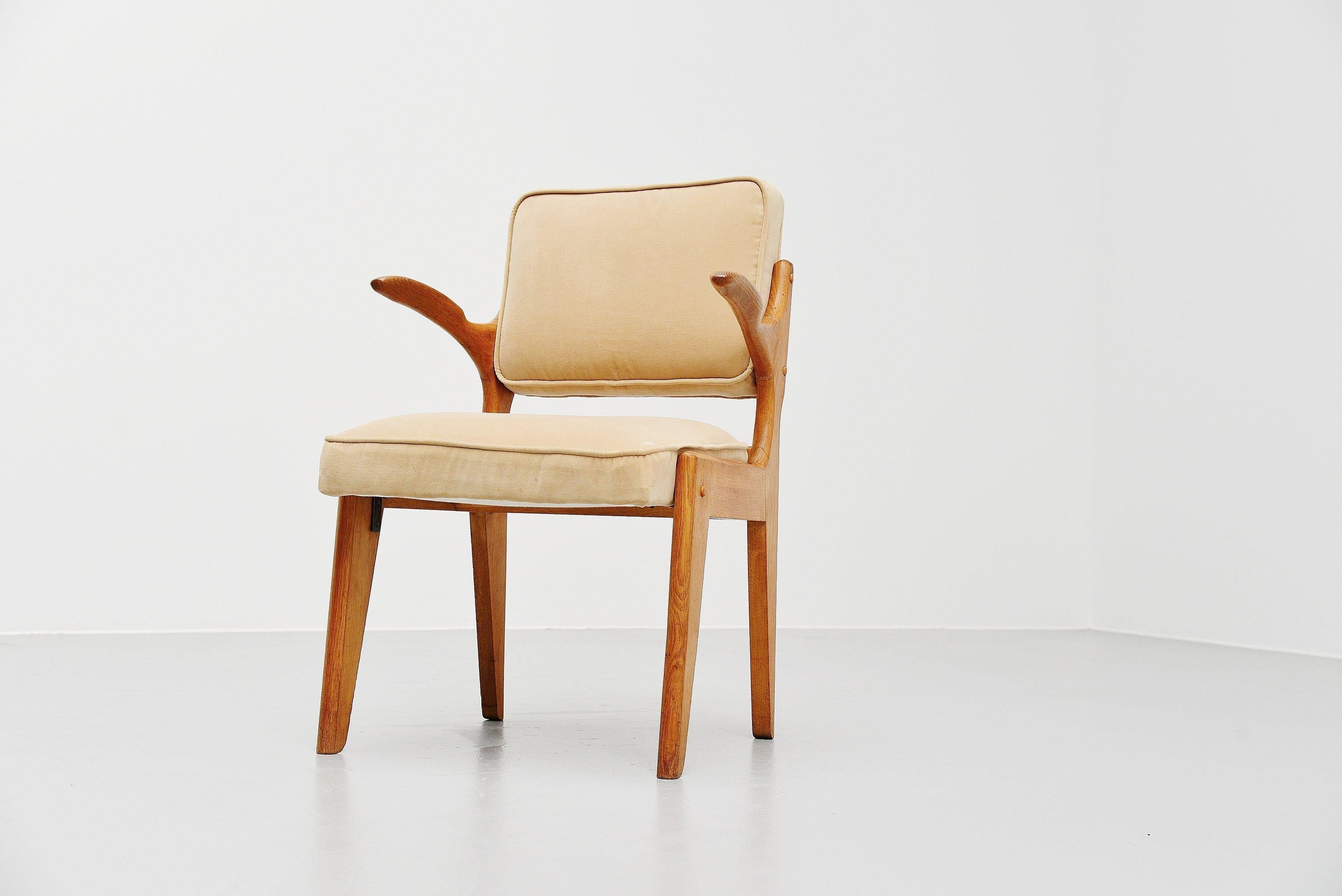 Sculptural armchair designed by designer duo Robert Guillerme and Jacques Chambron, France, 1950. The pieces were made in their own workshop and they made furniture from the 1950s-1970s. Mainly in solid oak and differently upholstery. They made