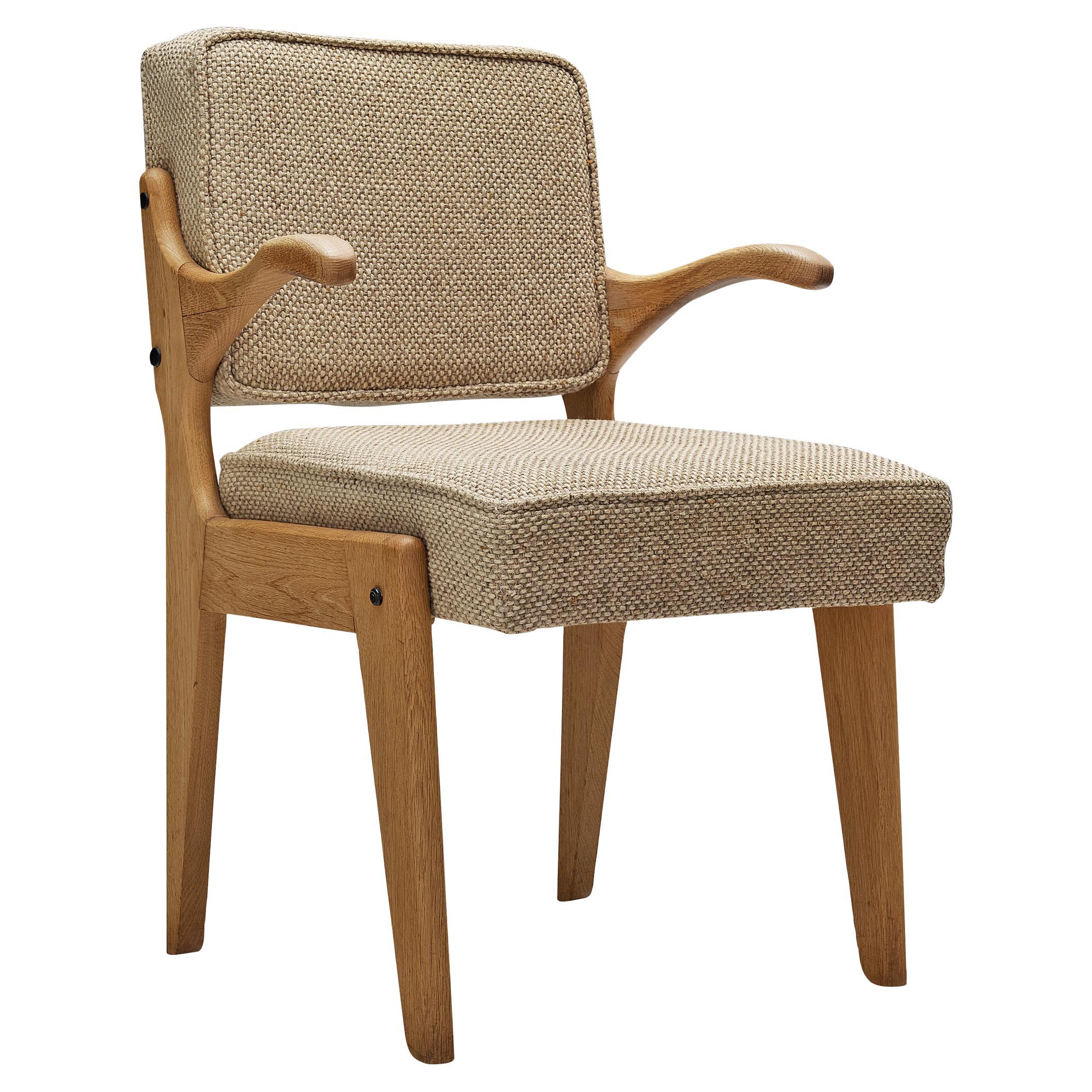 Rare Solid Oak Armchair by Guillerme and Chambron, France, 1960s For