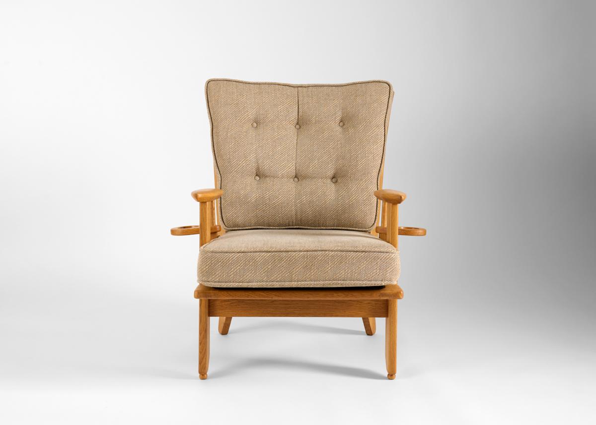 Polished Guillerme et Chambron, Armchair with Drink Holders, France, c. 1960 For Sale