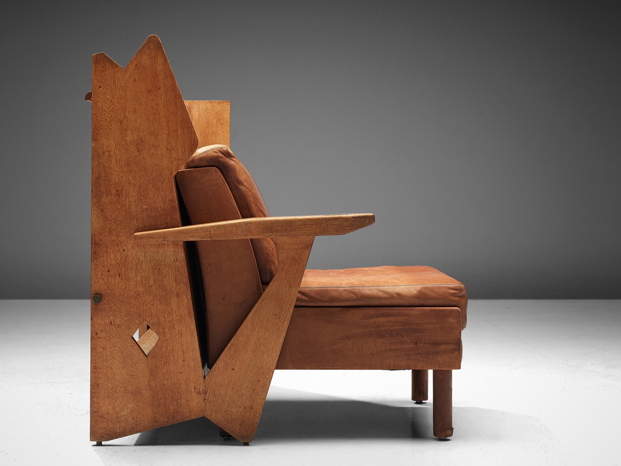 Guillerme & Chambron Lounge Chair with Storage in Oak and Leather In Good Condition For Sale In Waalwijk, NL