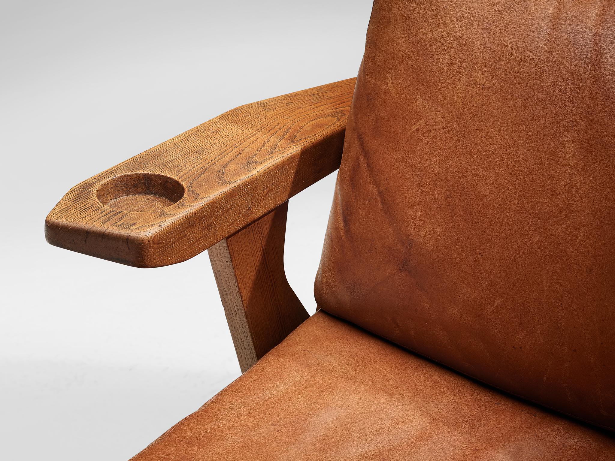 Mid-20th Century Guillerme & Chambron Lounge Chair with Storage in Oak and Leather For Sale