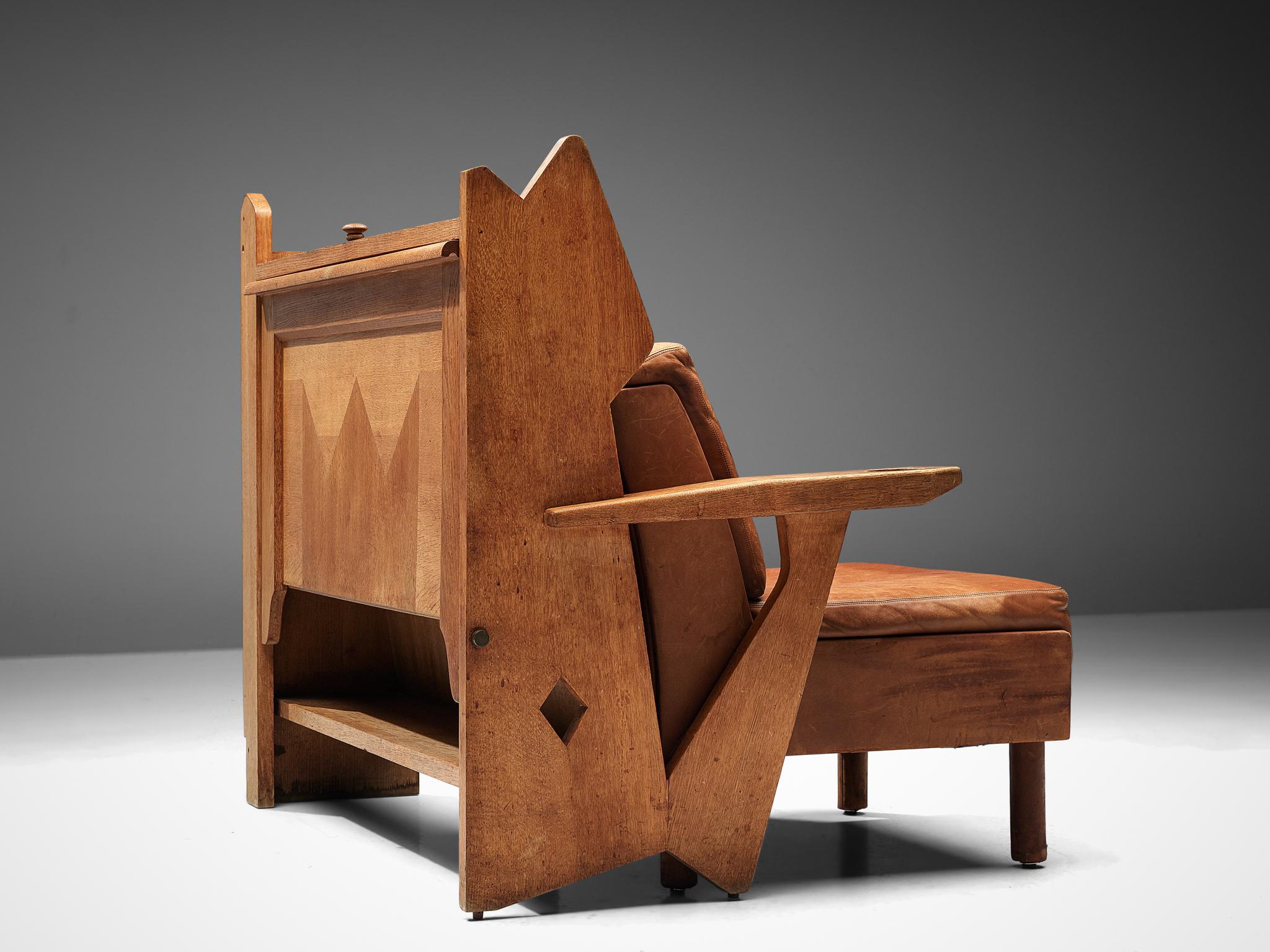 Cuir Chaise longue Guillerme & Chambron avec rangement en chêne et cuir en vente