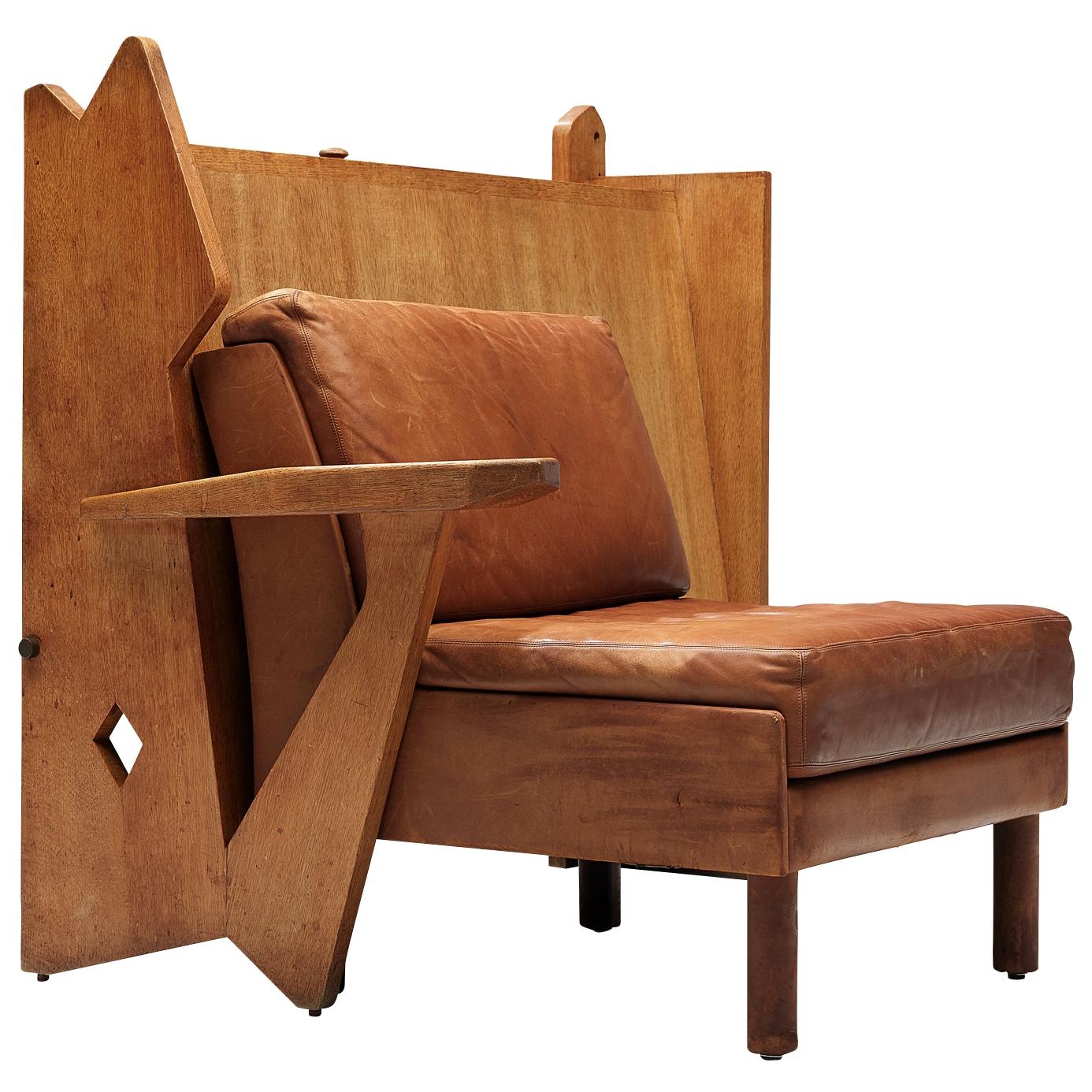 Guillerme & Chambron Lounge Chair with Storage in Oak and Leather For Sale