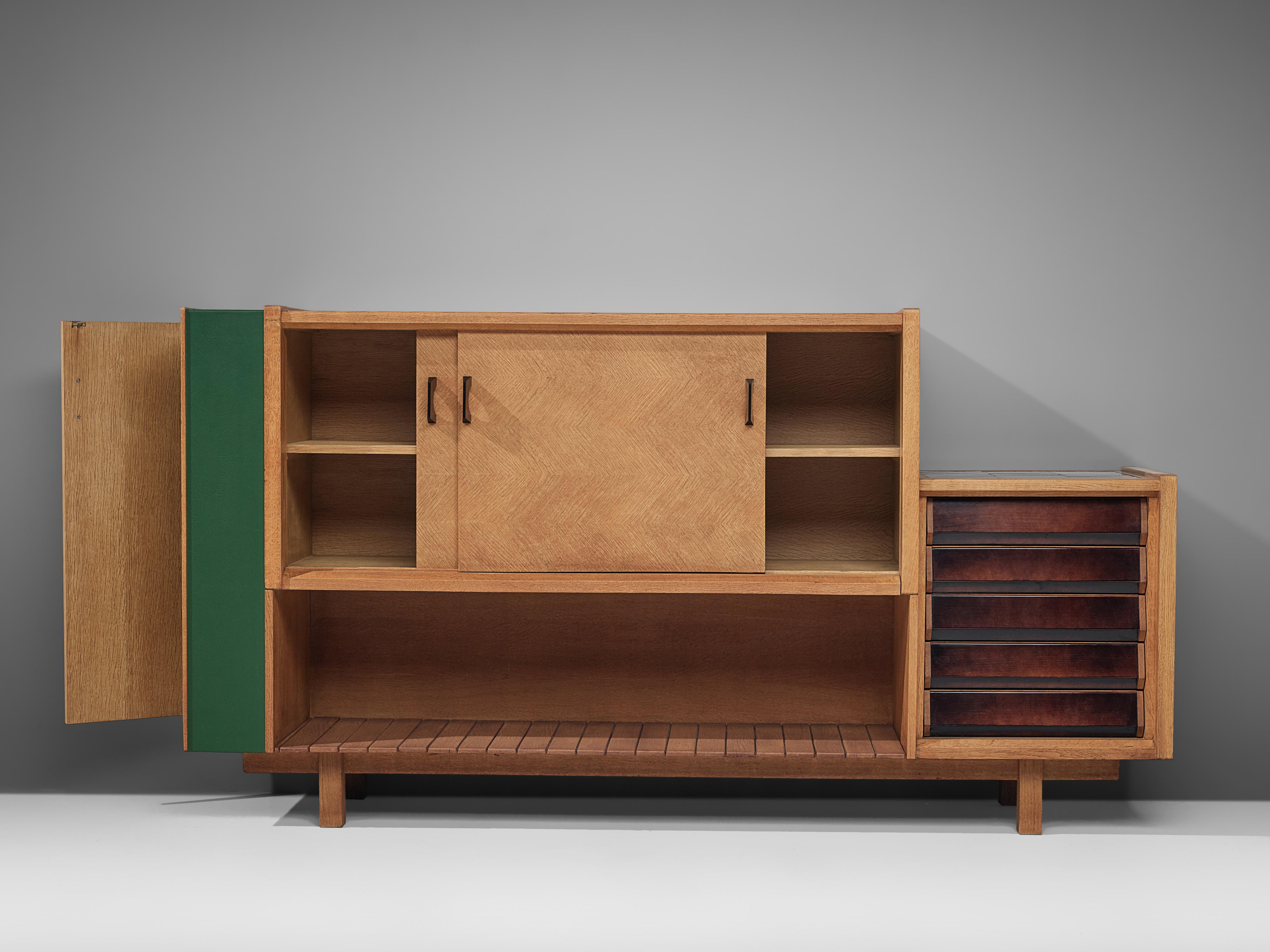 Mid-20th Century Guillerme & Chambron Cabinet in Oak with Various Storage Facility 