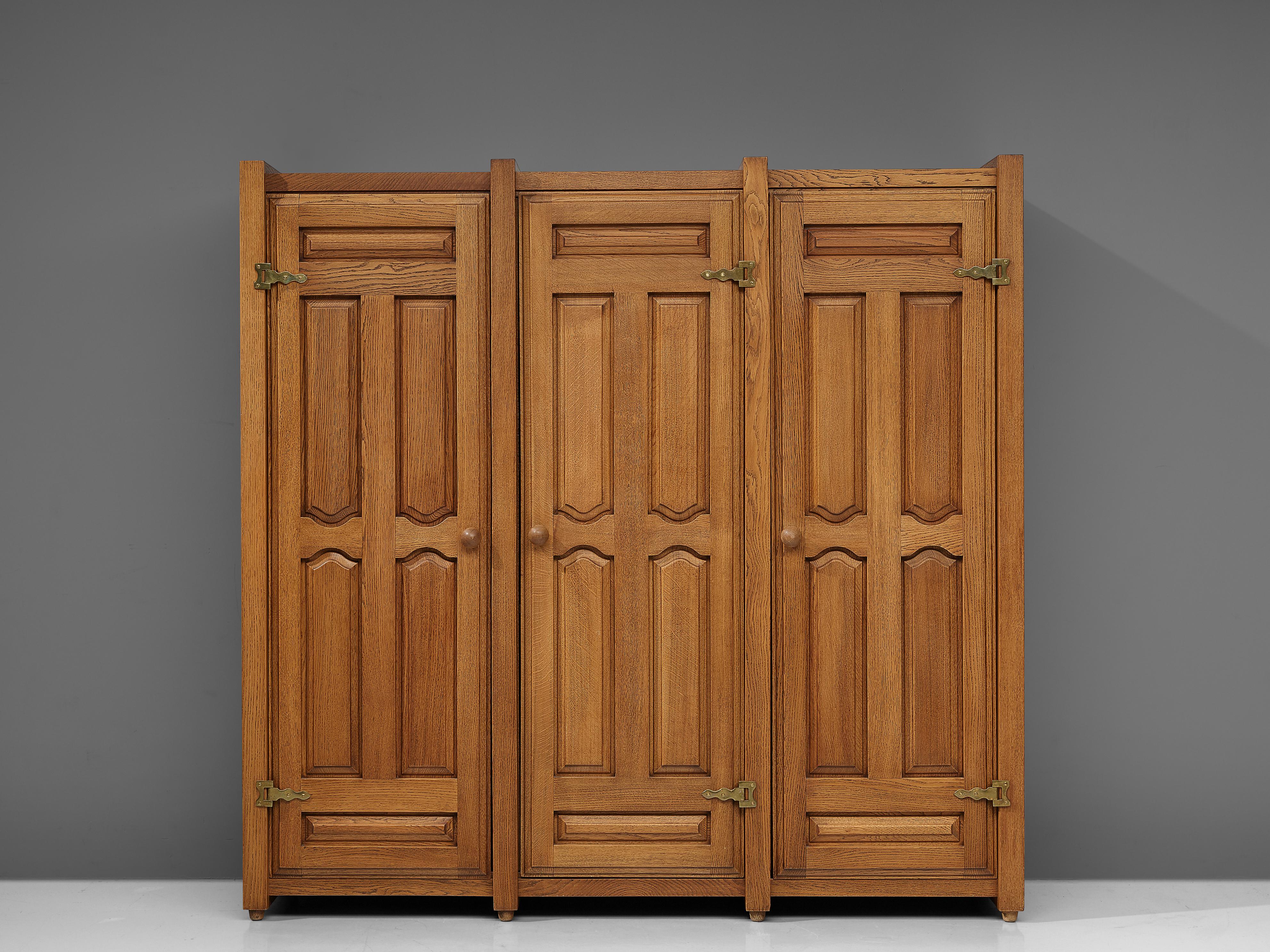 French Guillerme & Chambron Wardrobe in Solid Oak and Brass For Sale