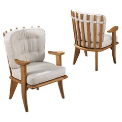 Guillerme et Chambron 'Catherine' Lounge Chairs in Oak and Off-White Upholstery