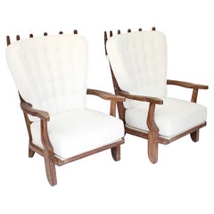 Vintage Guillerme et Chambron Cerused Oak Pair of Grand Repos French Lounge Chairs 