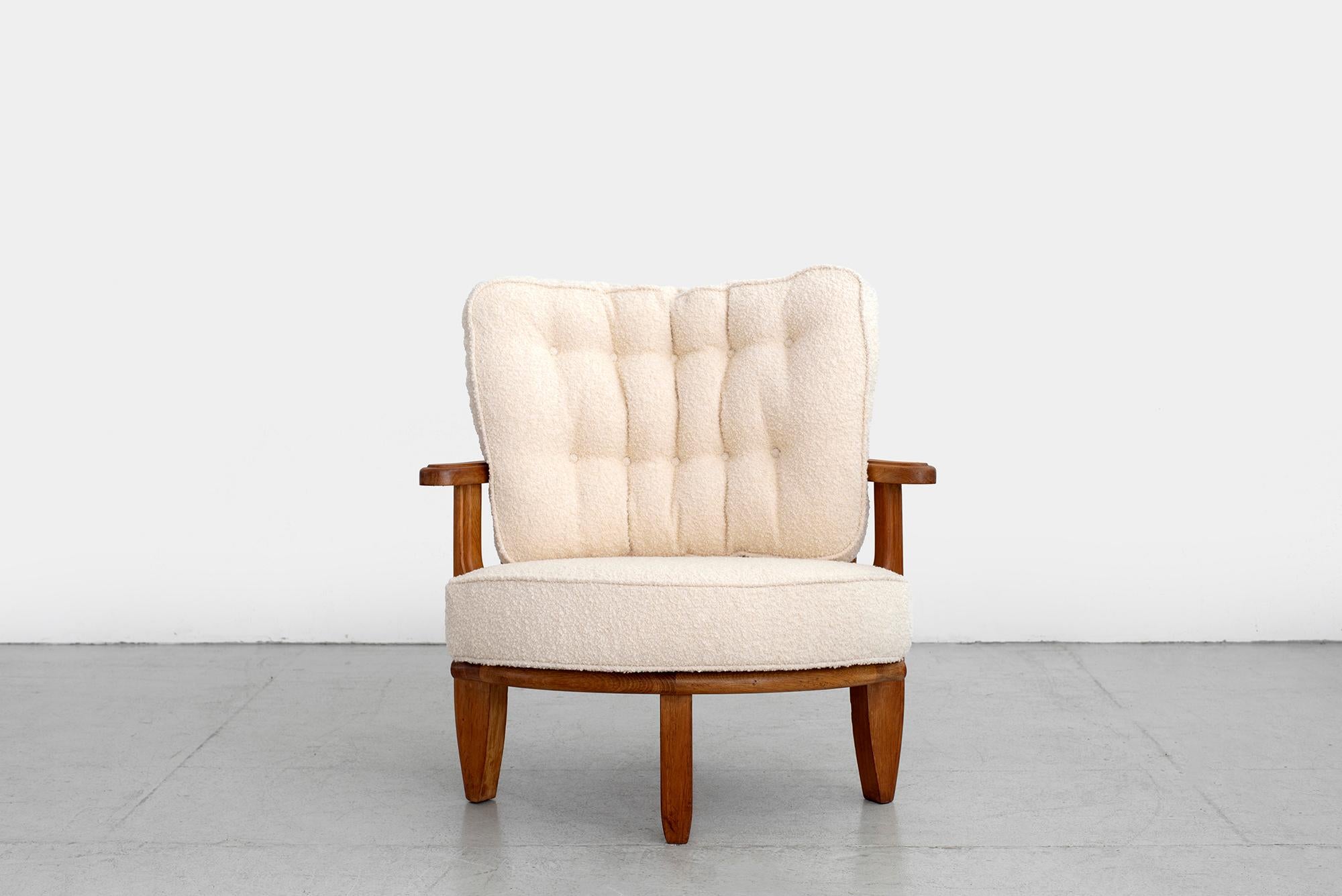 Rare Guillerme et Chambron easy armchair
Signature cerused oak, curved frame and spindled back.
Reupholstered in wool boucle -
Sold and priced individually - but can be matched with another chair to make a pair.