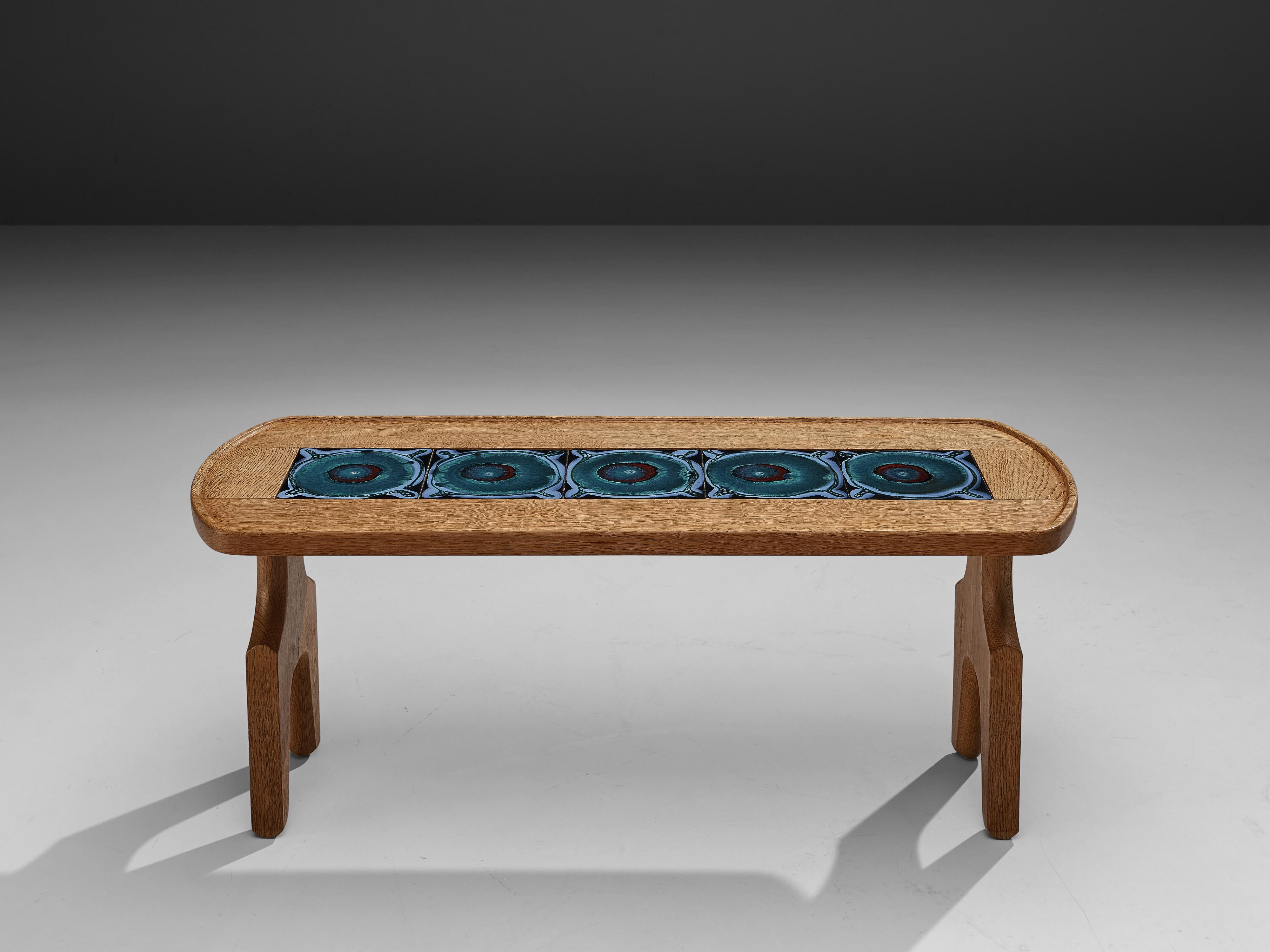 French Guillerme et Chambron Coffee Table in Oak with Ceramic Inlay
