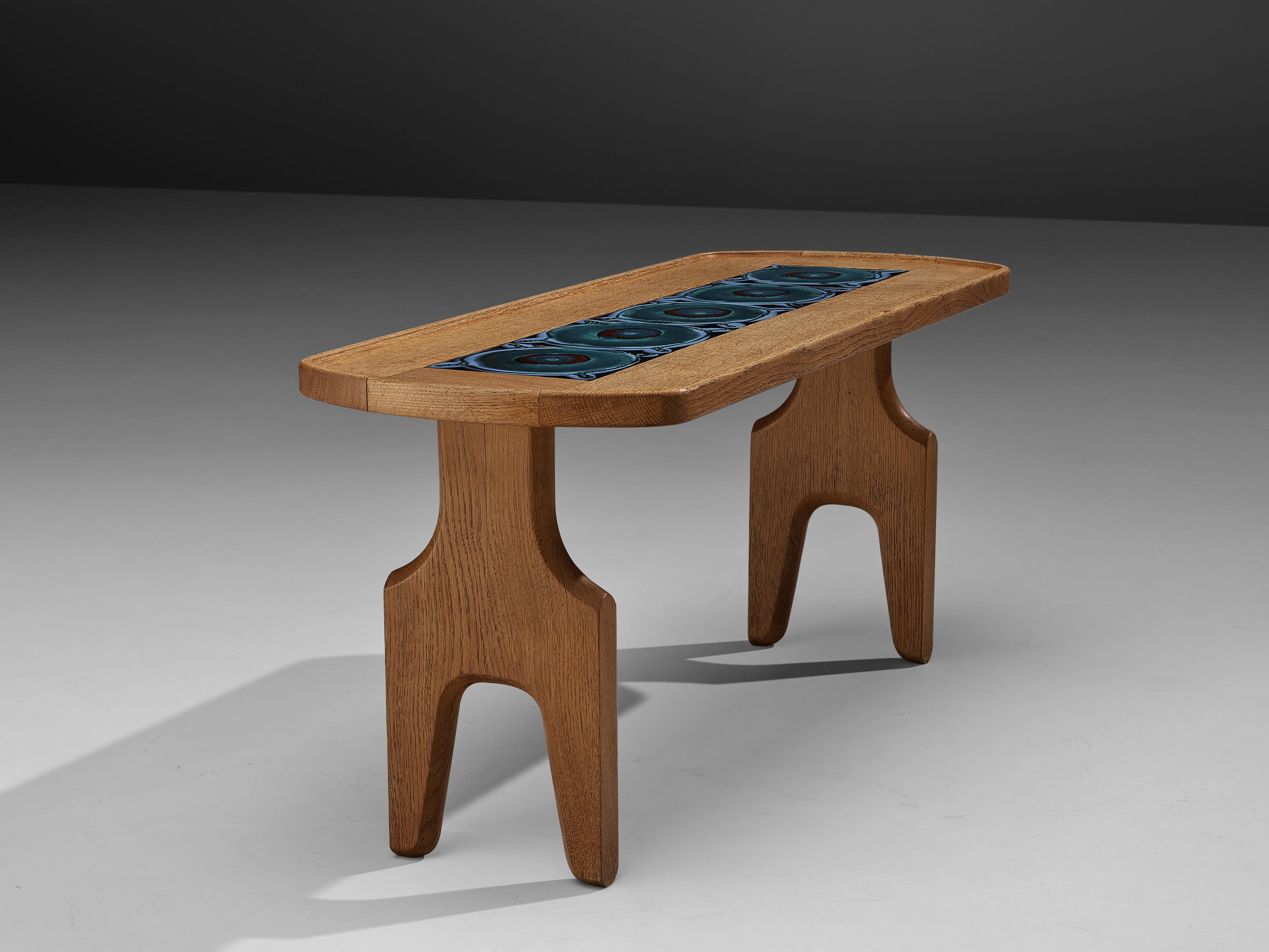 Mid-20th Century Guillerme et Chambron Coffee Table in Oak with Ceramic Inlay