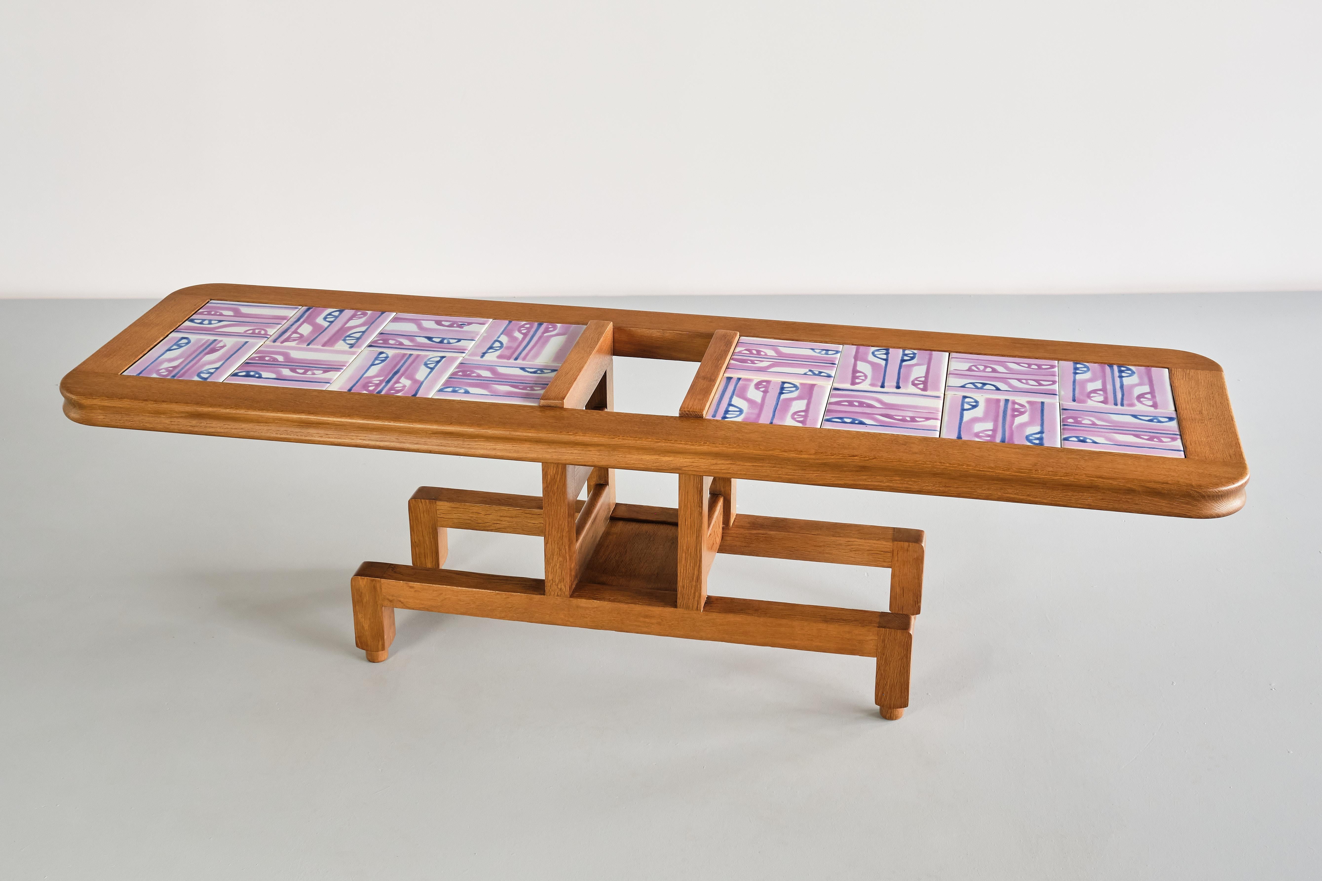 French Guillerme et Chambron Coffee Table, Oak and Ceramic, Votre Maison, France, 1960s For Sale