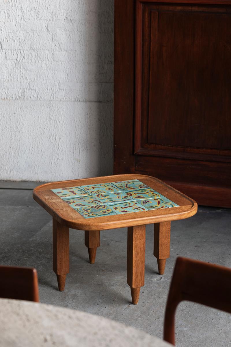 Guillerme et Chambron Coffee Table, Oak Wood and Figurative tiles, France, 70's 2