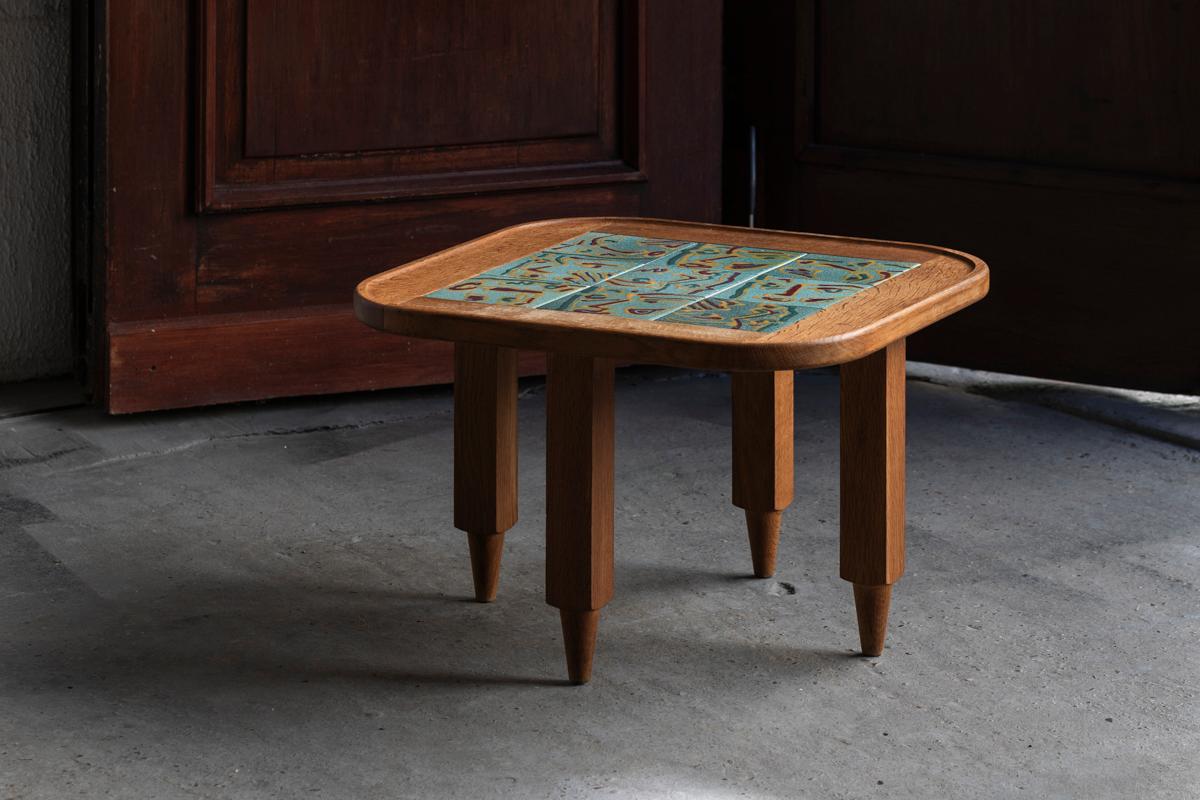 Guillerme et Chambron Coffee Table, Oak Wood and Figurative tiles, France, 70's 4