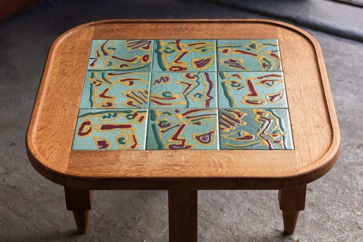 Guillerme et Chambron Coffee Table, Oak Wood and Figurative tiles, France, 70's 5