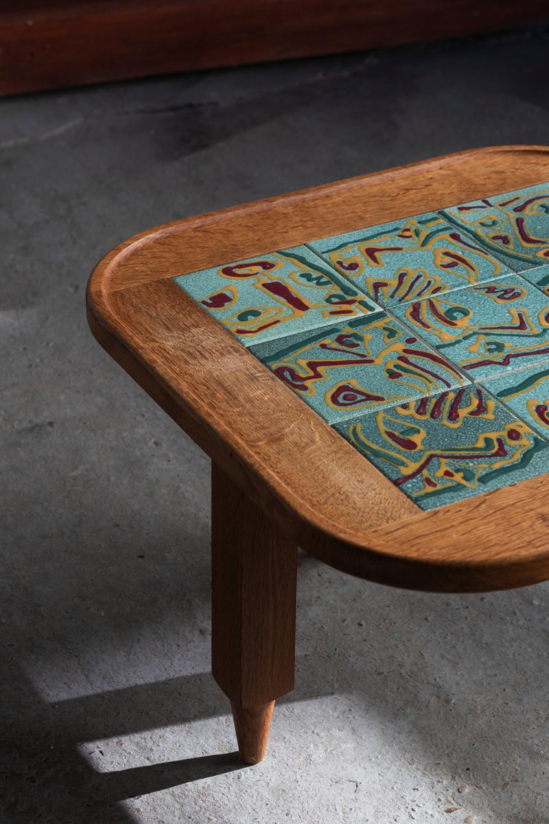 Mid-Century Modern Guillerme et Chambron Coffee Table, Oak Wood and Figurative tiles, France, 70's
