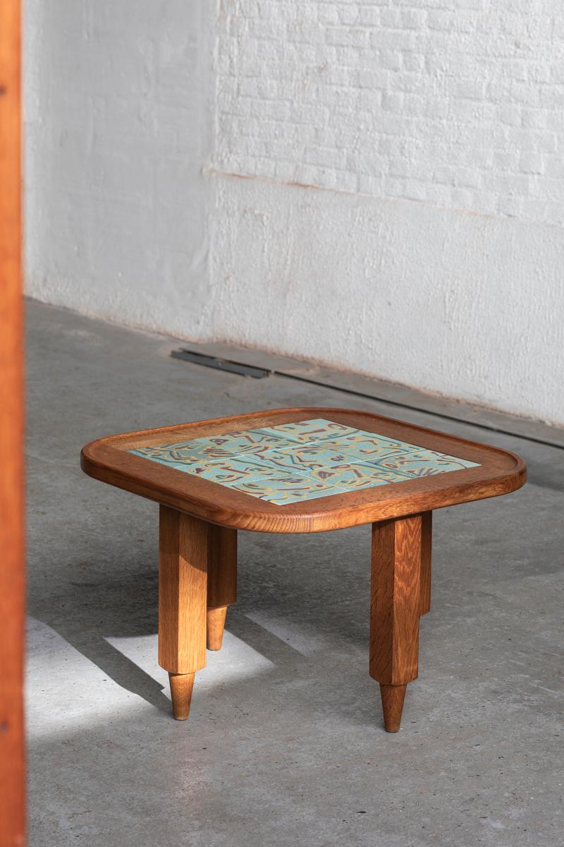 French Guillerme et Chambron Coffee Table, Oak Wood and Figurative tiles, France, 70's