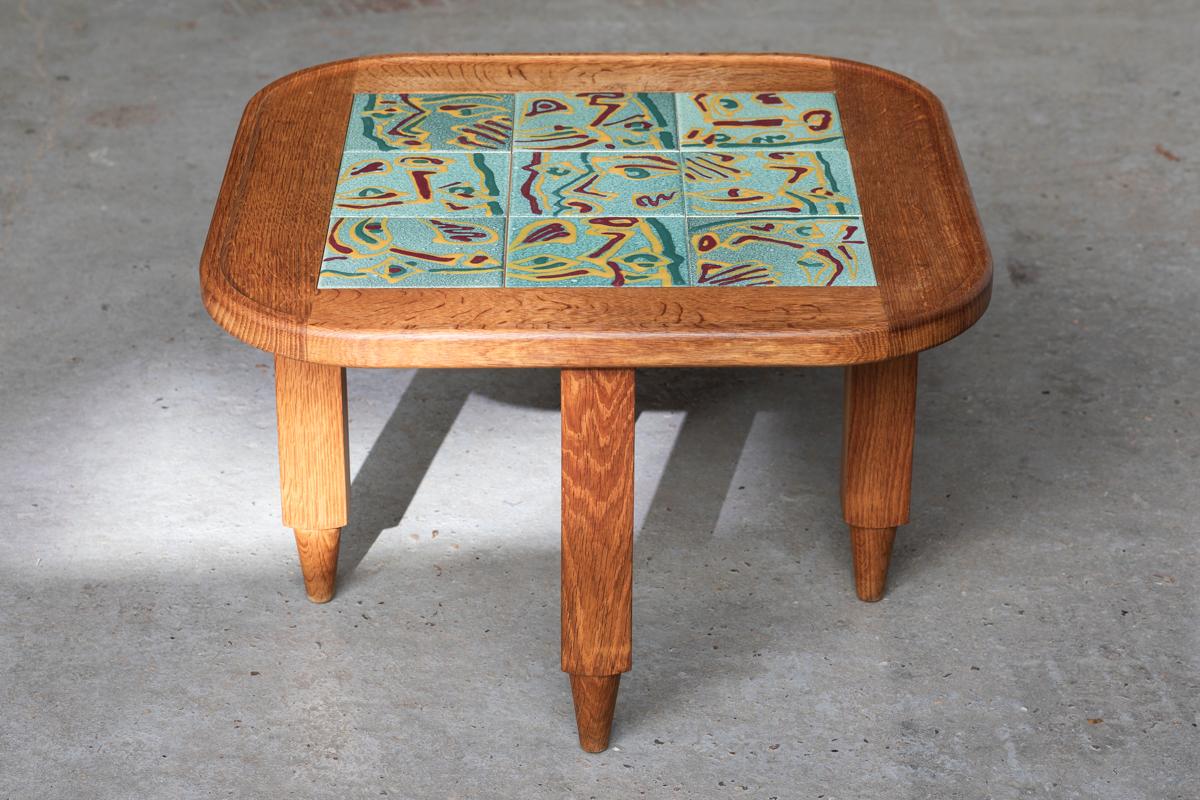 Guillerme et Chambron Coffee Table, Oak Wood and Figurative tiles, France, 70's In Good Condition In Antwerpen, BE
