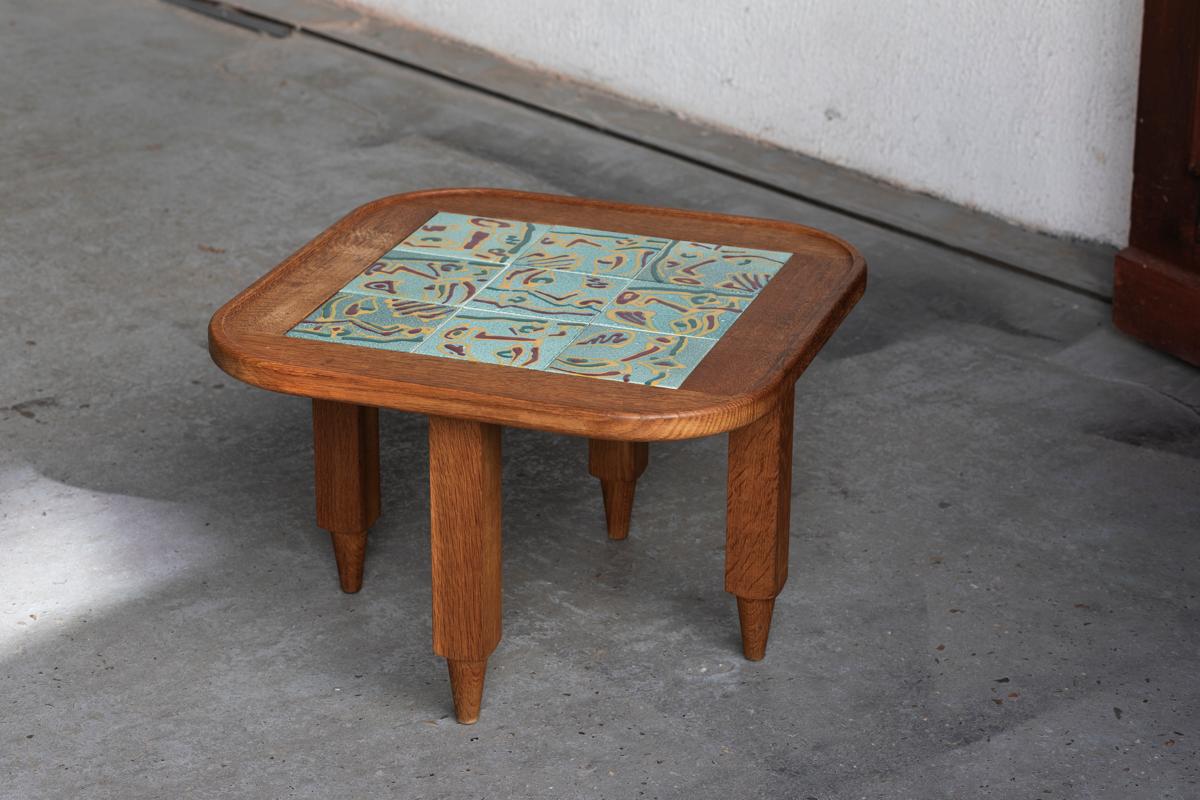 Late 20th Century Guillerme et Chambron Coffee Table, Oak Wood and Figurative tiles, France, 70's