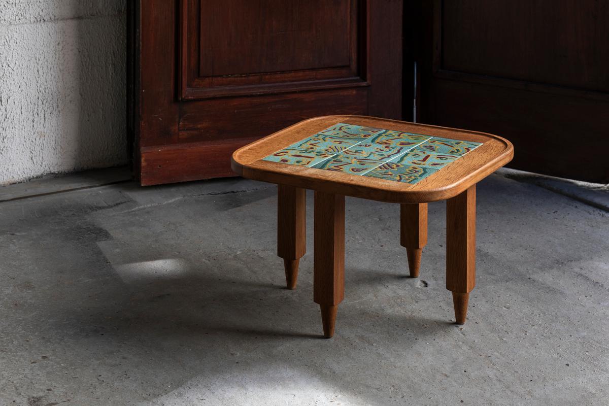 Ceramic Guillerme et Chambron Coffee Table, Oak Wood and Figurative tiles, France, 70's