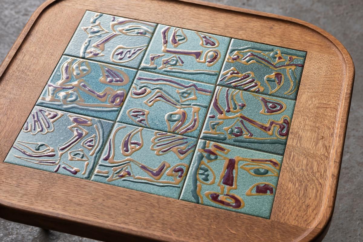 Guillerme et Chambron Coffee Table, Oak Wood and Figurative tiles, France, 70's 1