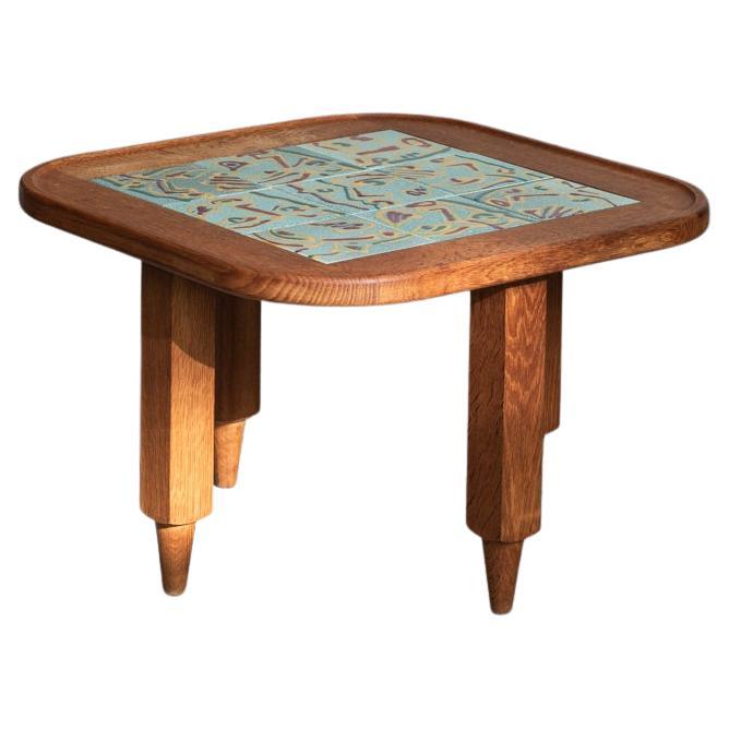 Guillerme et Chambron Coffee Table, Oak Wood and Figurative tiles, France, 70's