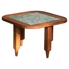 Guillerme et Chambron Coffee Table, Oak Wood and Figurative tiles, France, 70's