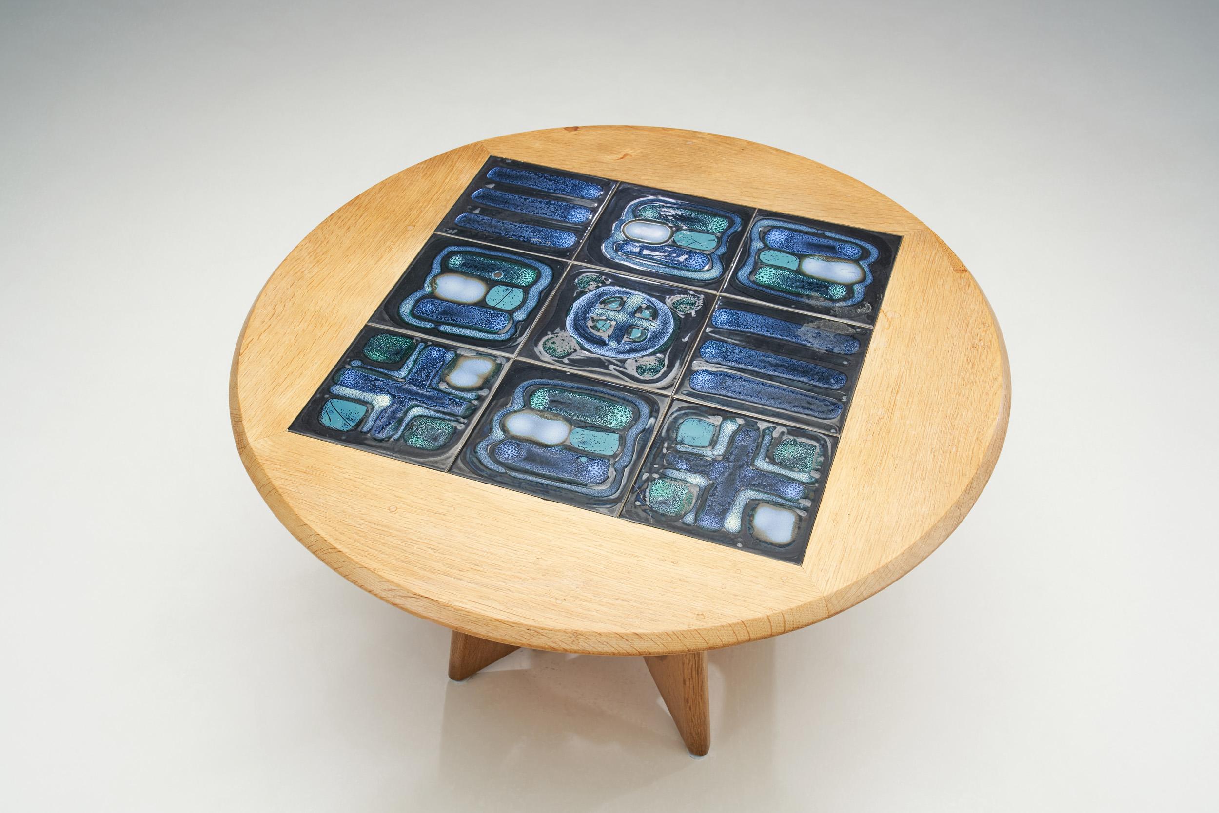 Mid-20th Century Guillerme et Chambron Coffee Table with Ceramic Inlays, France, 1960s For Sale