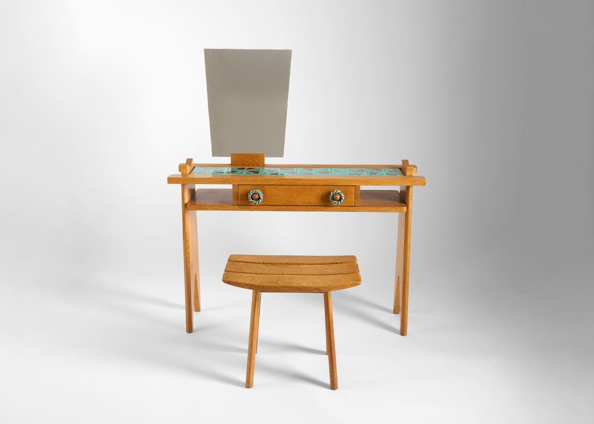 Mid-Century Modern Guillerme et Chambron, Console Vanity with Stool, France, Mid-20th Century