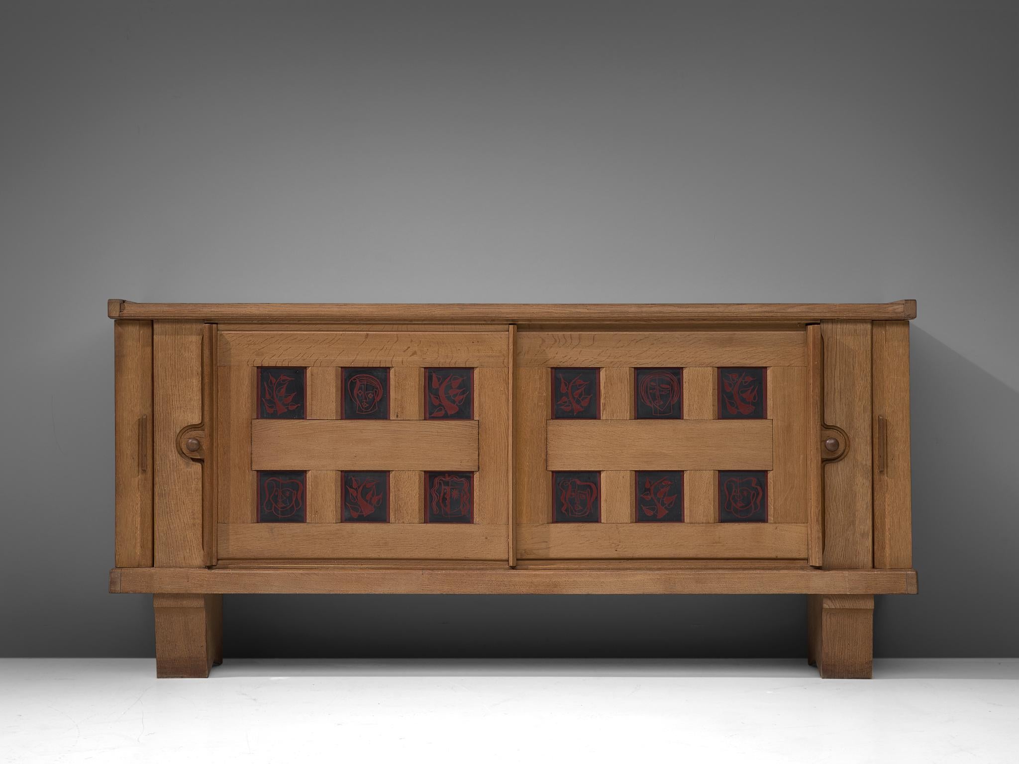 Mid-Century Modern Guillerme et Chambron Credenza in Oak and Ceramic, France, 1960s