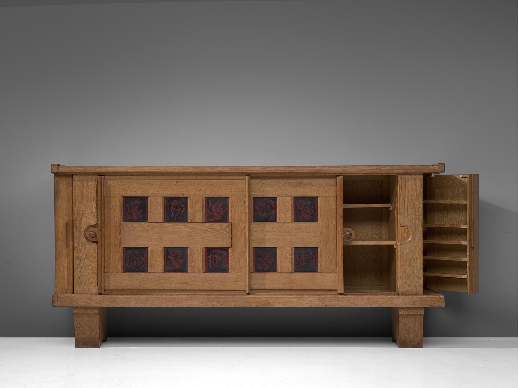 French Guillerme et Chambron Credenza in Oak and Ceramic, France, 1960s