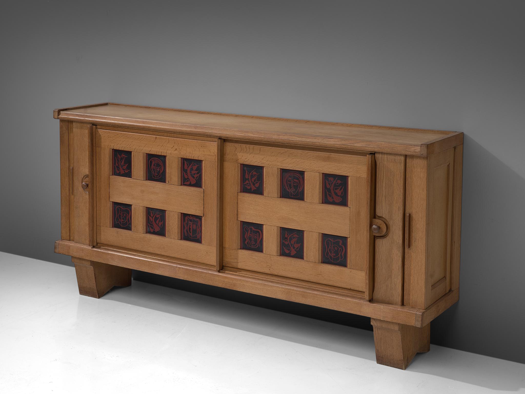Guillerme et Chambron Credenza in Oak and Ceramic, France, 1960s In Good Condition In Waalwijk, NL