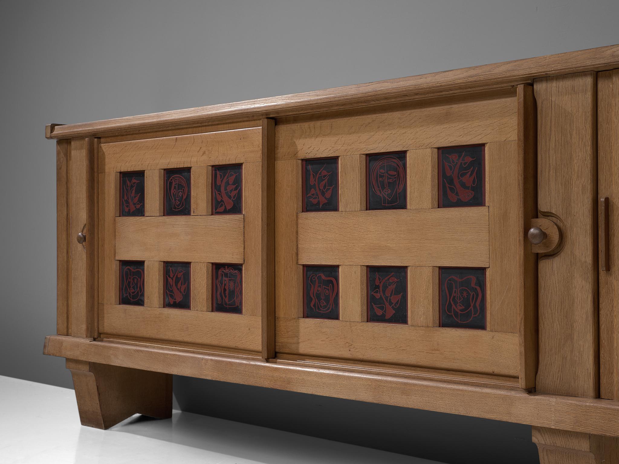 Mid-20th Century Guillerme et Chambron Credenza in Oak and Ceramic, France, 1960s