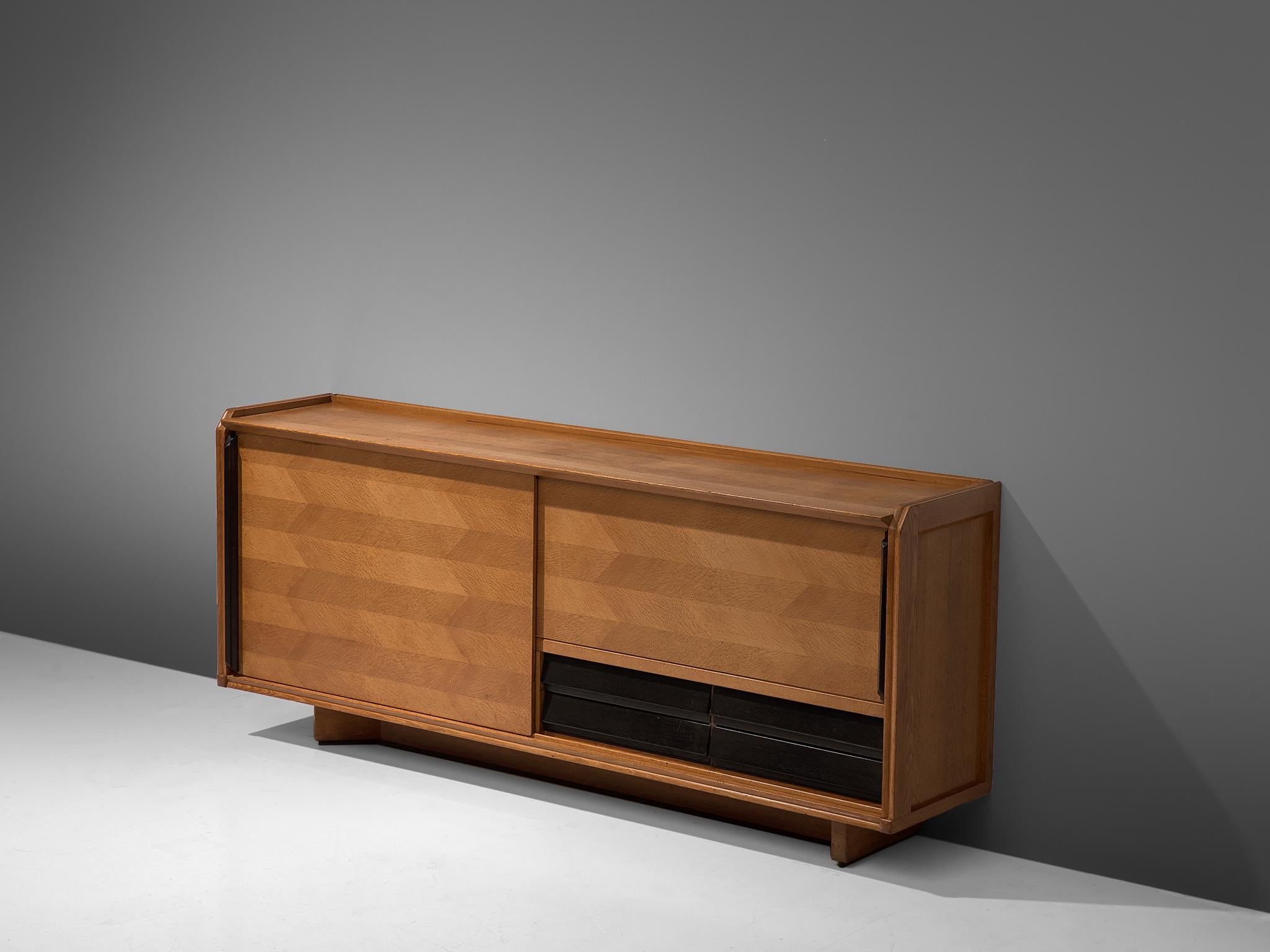 Mid-Century Modern Guillerme et Chambron Credenza in Oak with Sliding Doors