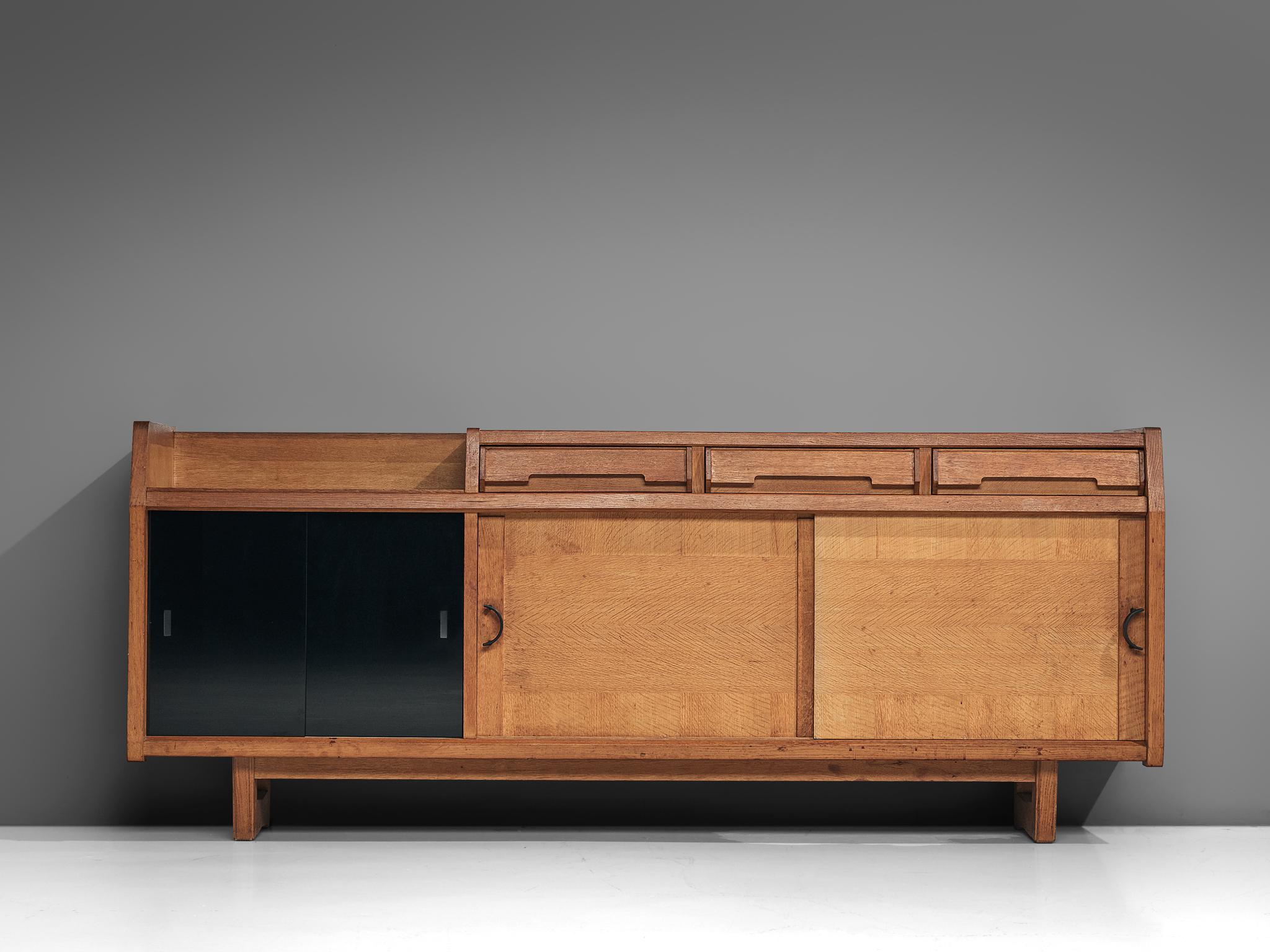 Mid-Century Modern Guillerme et Chambron Credenza with Sliding Doors in Oak