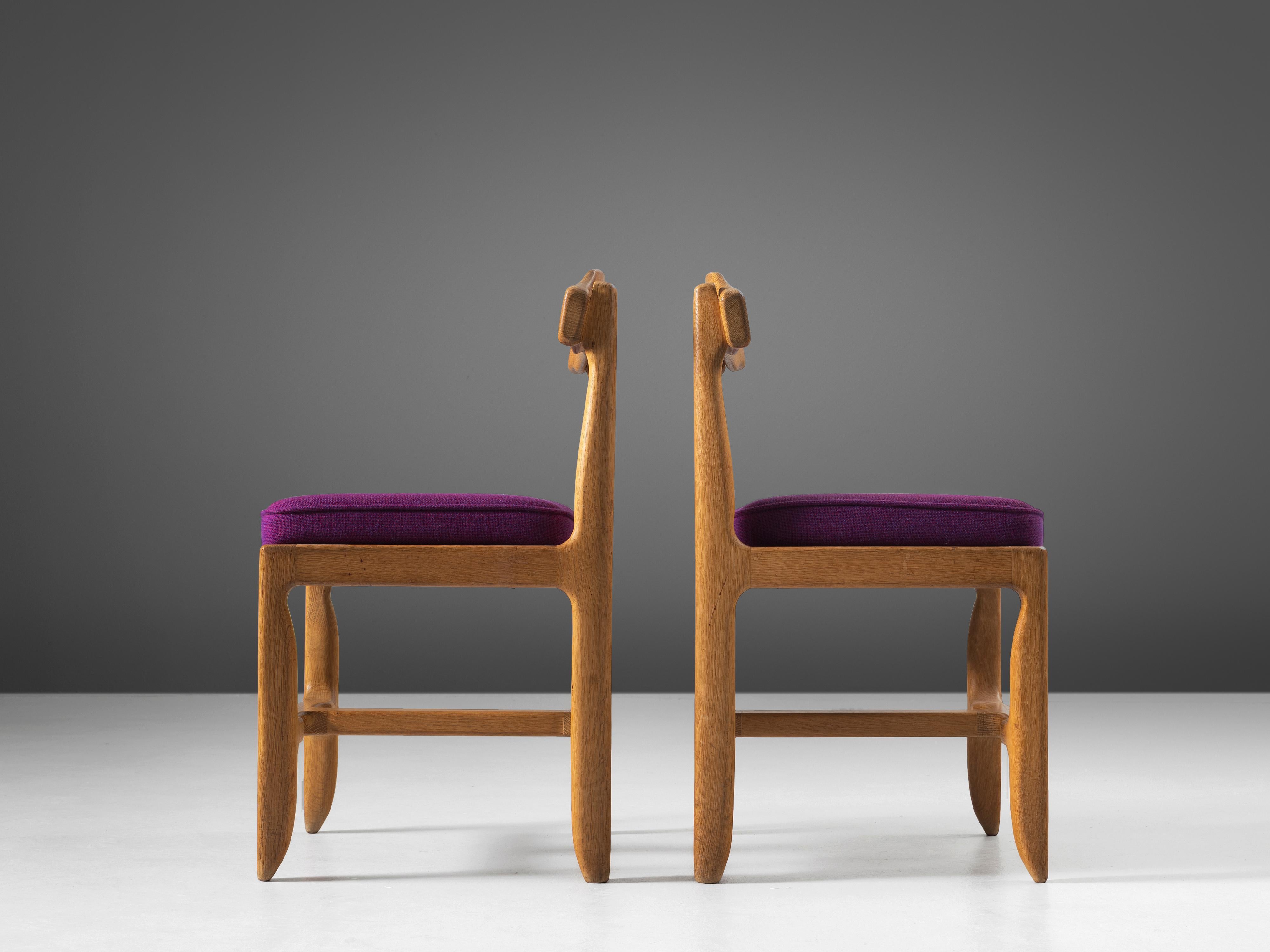 Mid-Century Modern Guillerme & Chambron Set of Four Dining Chairs in Oak and Purple Upholstery  For Sale