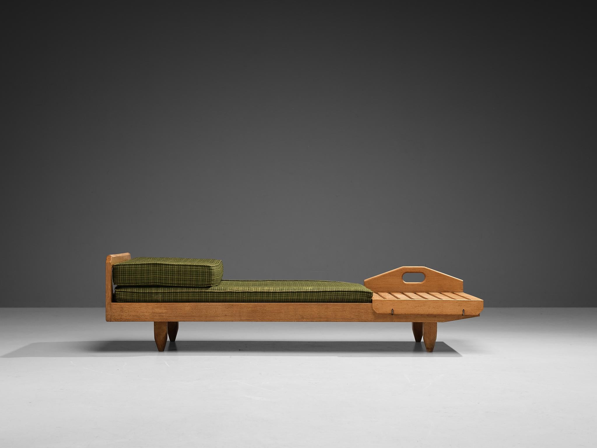 Guillerme & Chambron Daybed with Sidetable in Oak and Green Upholstery For Sale 1