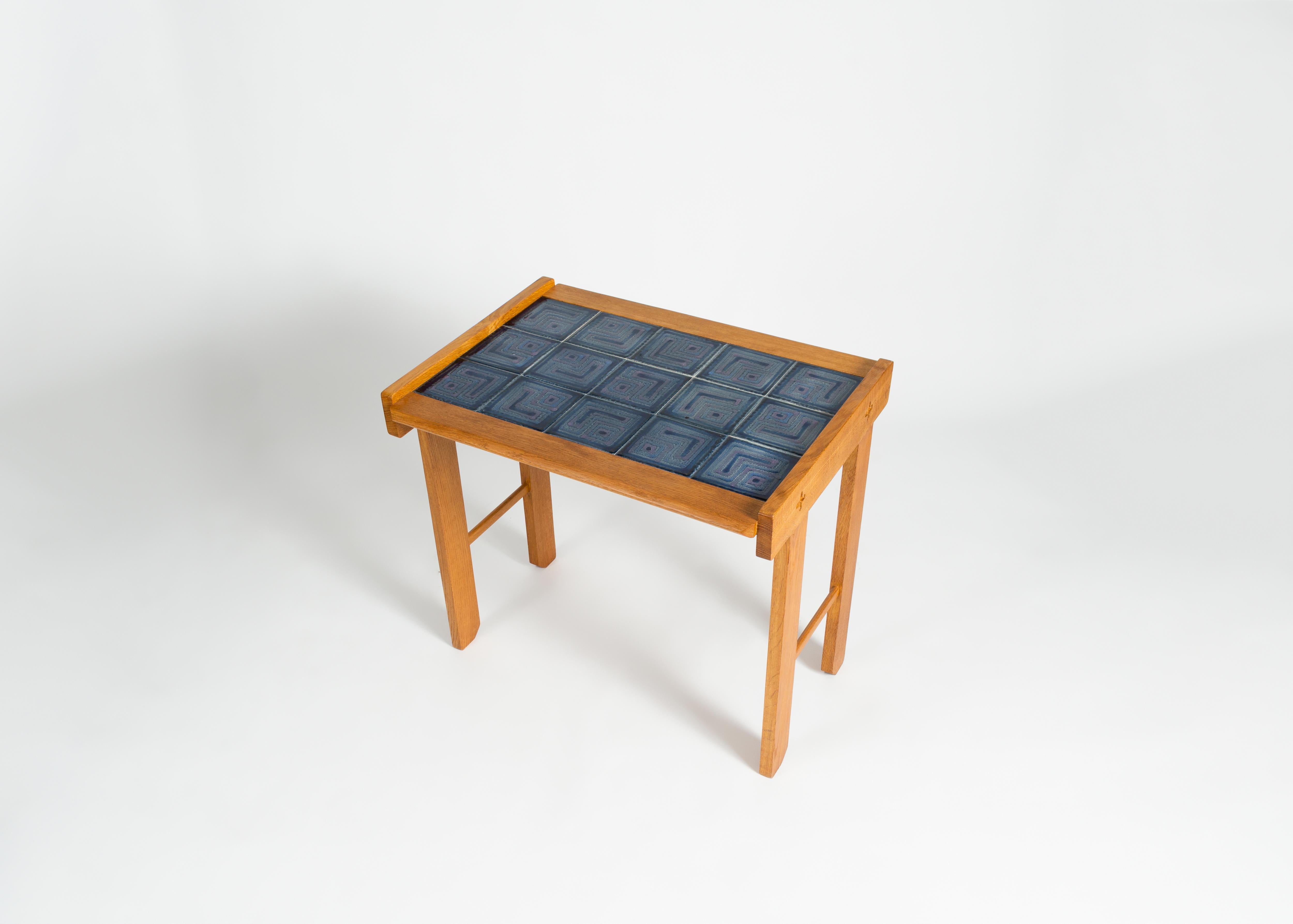 Ceramic Guillerme et Chambron, Tile-Topped Oak Writing Table, France, Mid-20th Century For Sale