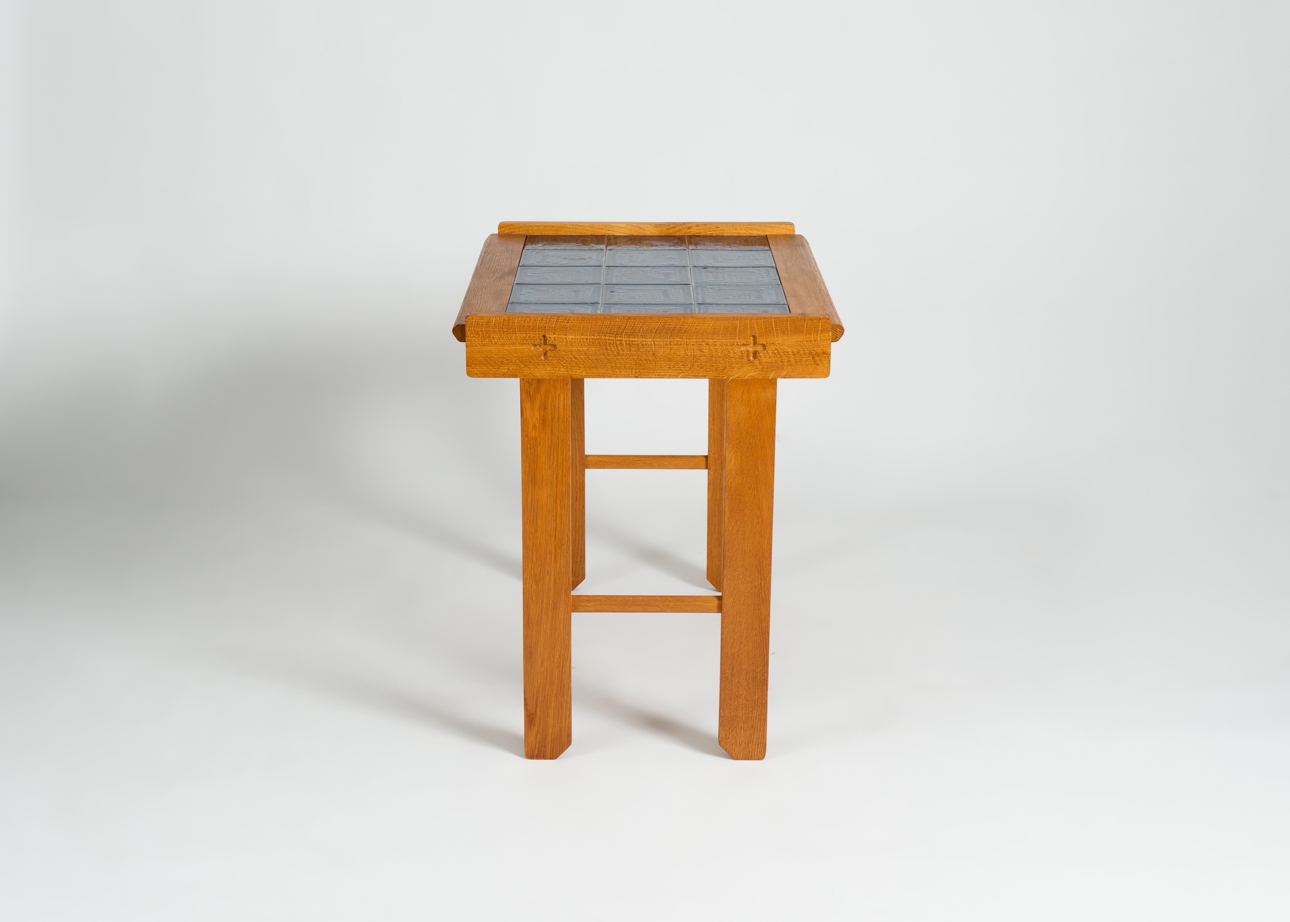 Hand-Carved Guillerme et Chambron, Tile-Topped Oak Writing Table, France, Mid-20th Century For Sale