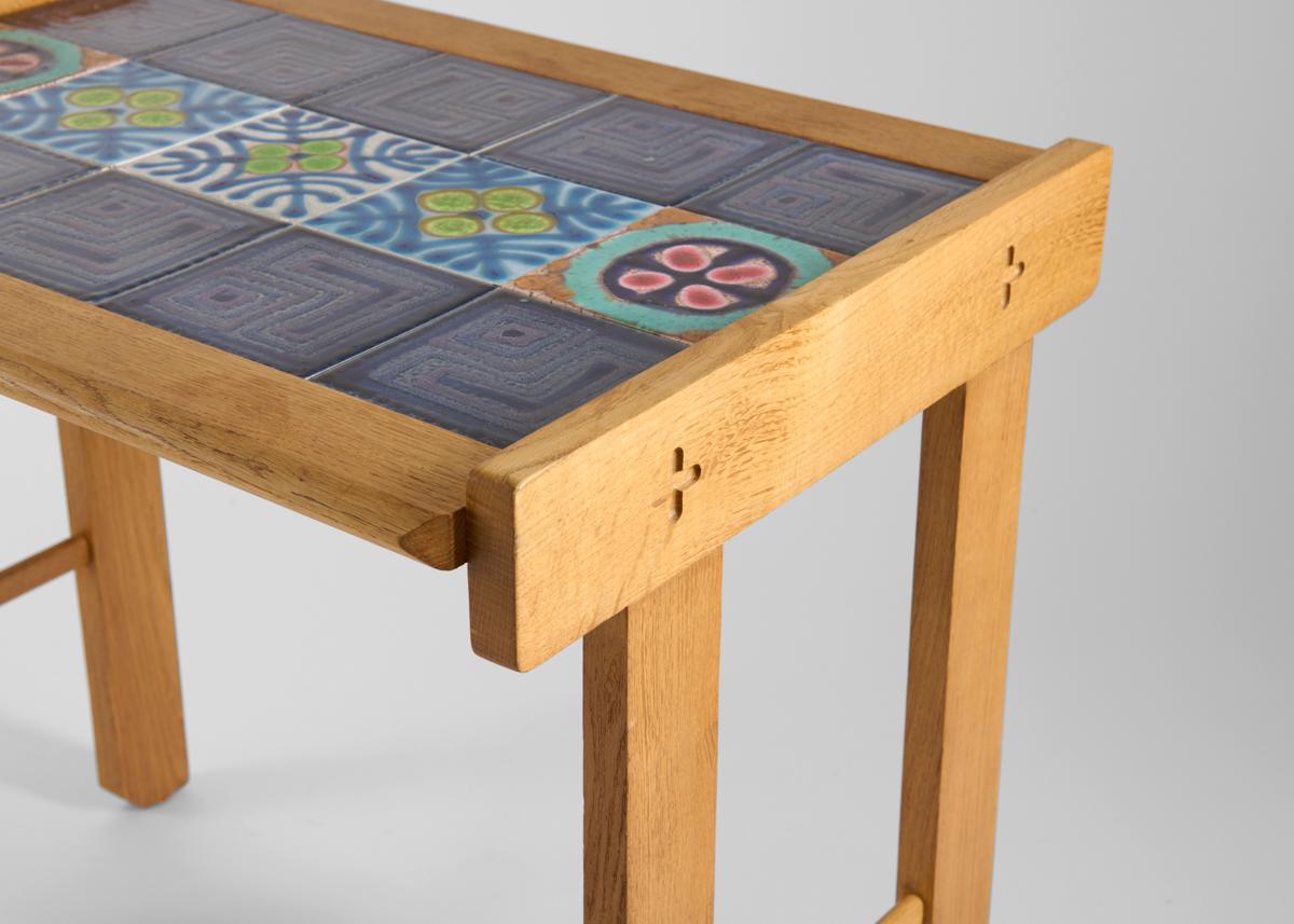 French Guillerme et Chambron, Tile-Topped Oak Writing Table, France, Mid-20th Century For Sale